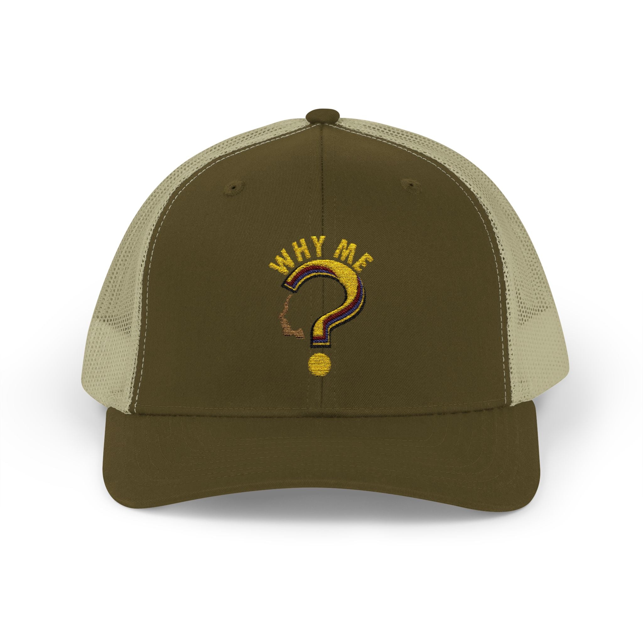 Trucker Cap - Gold Glitter Question Mark "Why Me" Embroidered Snapback