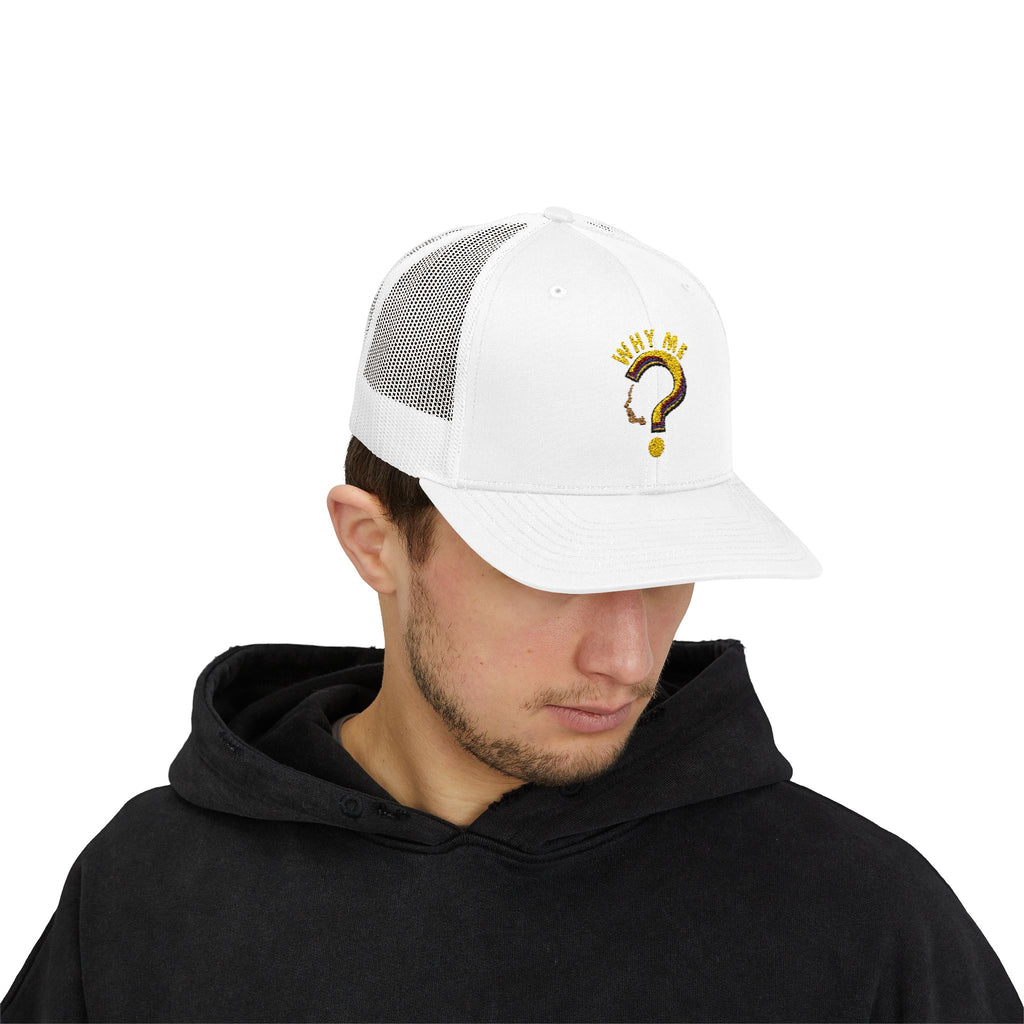 Trucker Cap - Gold Glitter Question Mark "Why Me" Embroidered Snapback