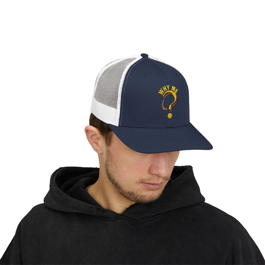 Trucker Cap - Gold Glitter Question Mark "Why Me" Embroidered Snapback