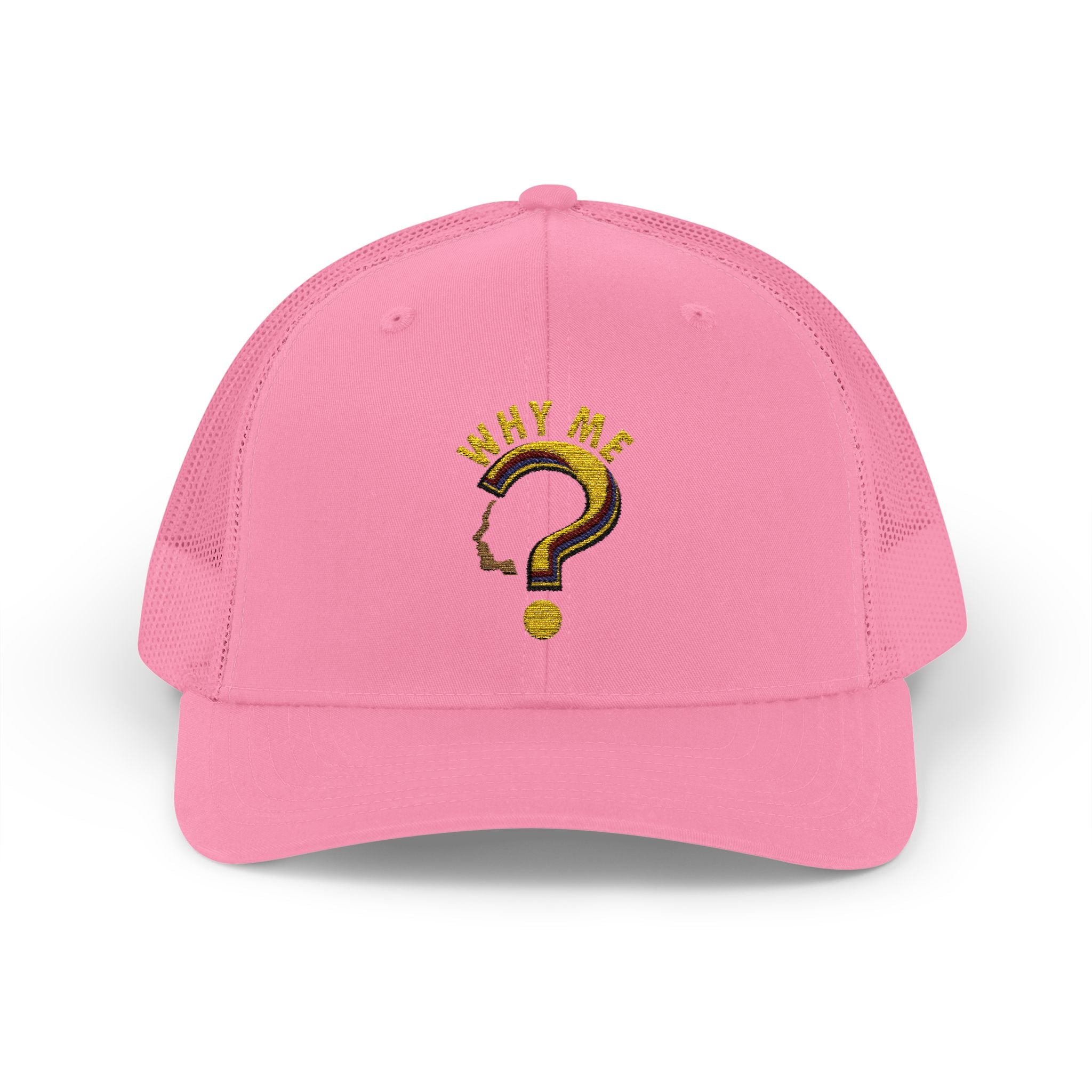 Trucker Cap - Gold Glitter Question Mark "Why Me" Embroidered Snapback