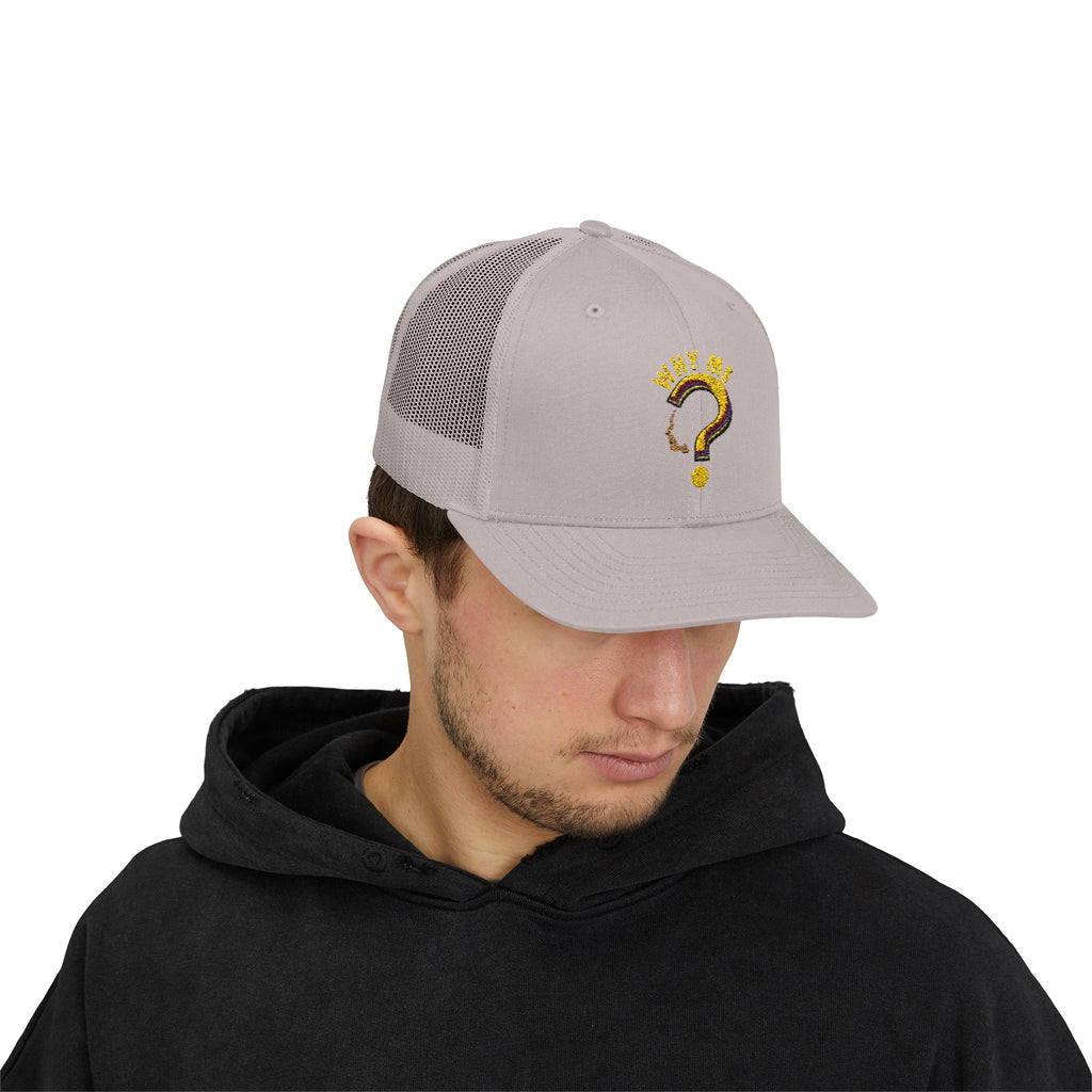 Trucker Cap - Gold Glitter Question Mark "Why Me" Embroidered Snapback