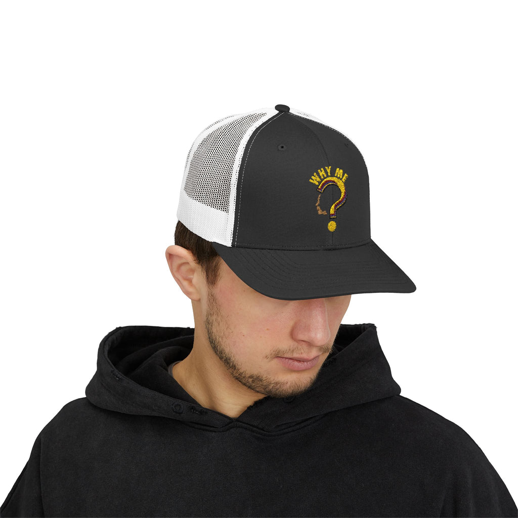 Trucker Cap - Gold Glitter Question Mark "Why Me" Embroidered Snapback