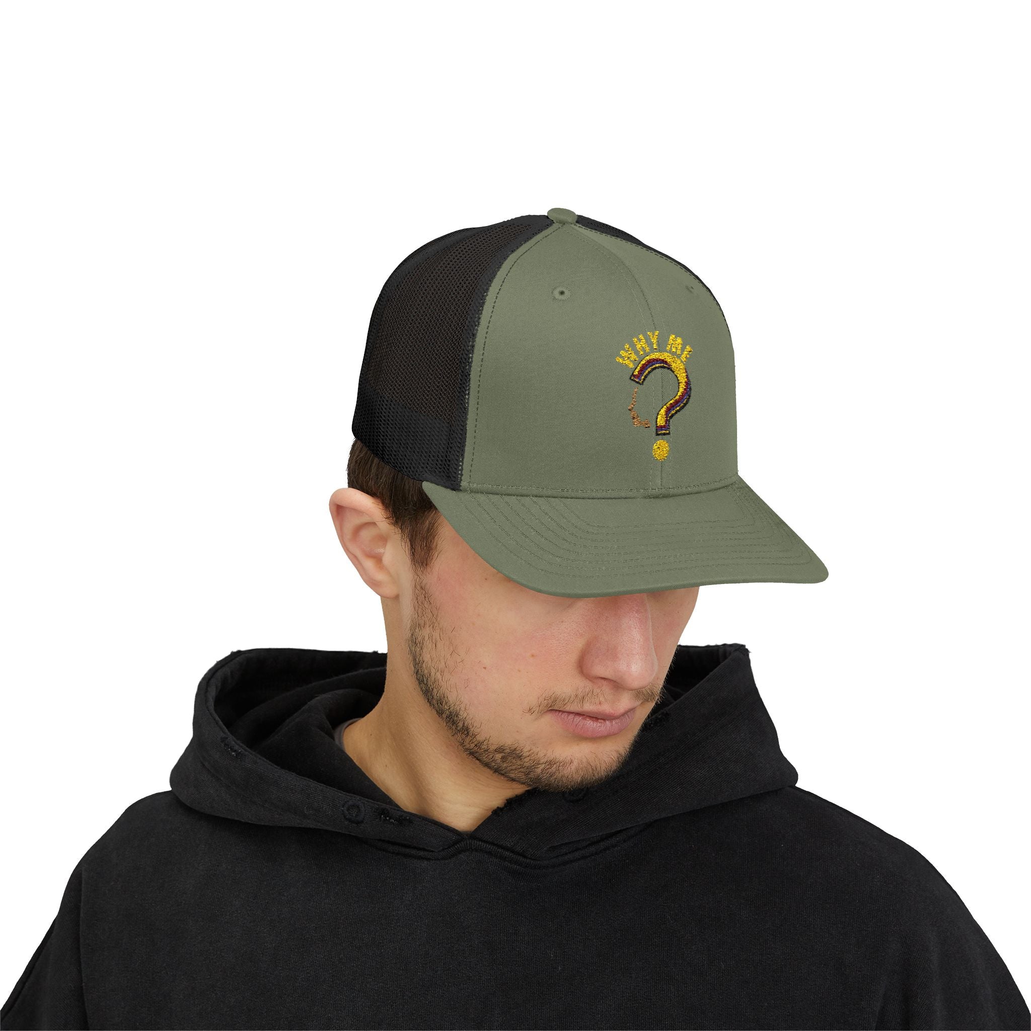 Trucker Cap - Gold Glitter Question Mark "Why Me" Embroidered Snapback