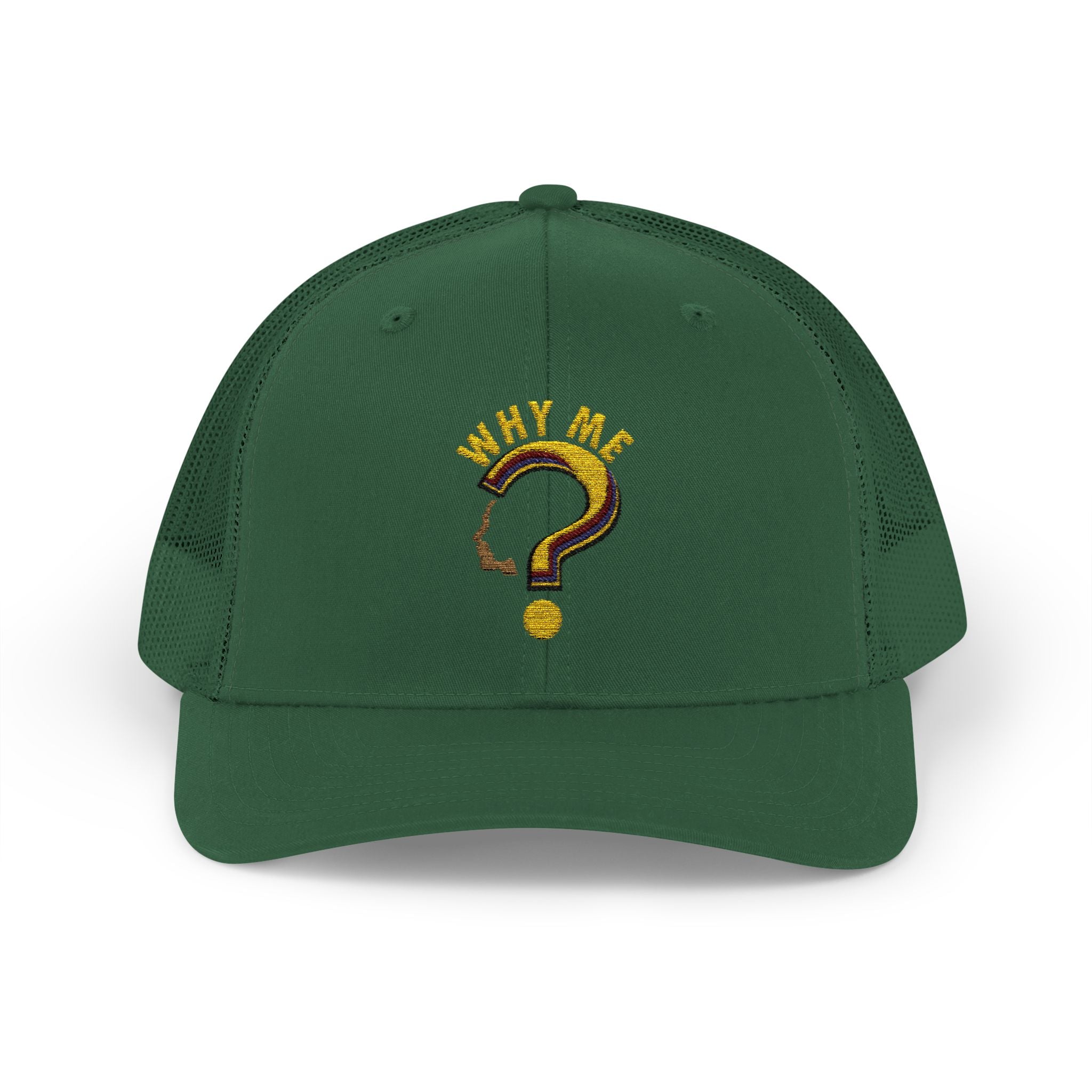 Trucker Cap - Gold Glitter Question Mark "Why Me" Embroidered Snapback