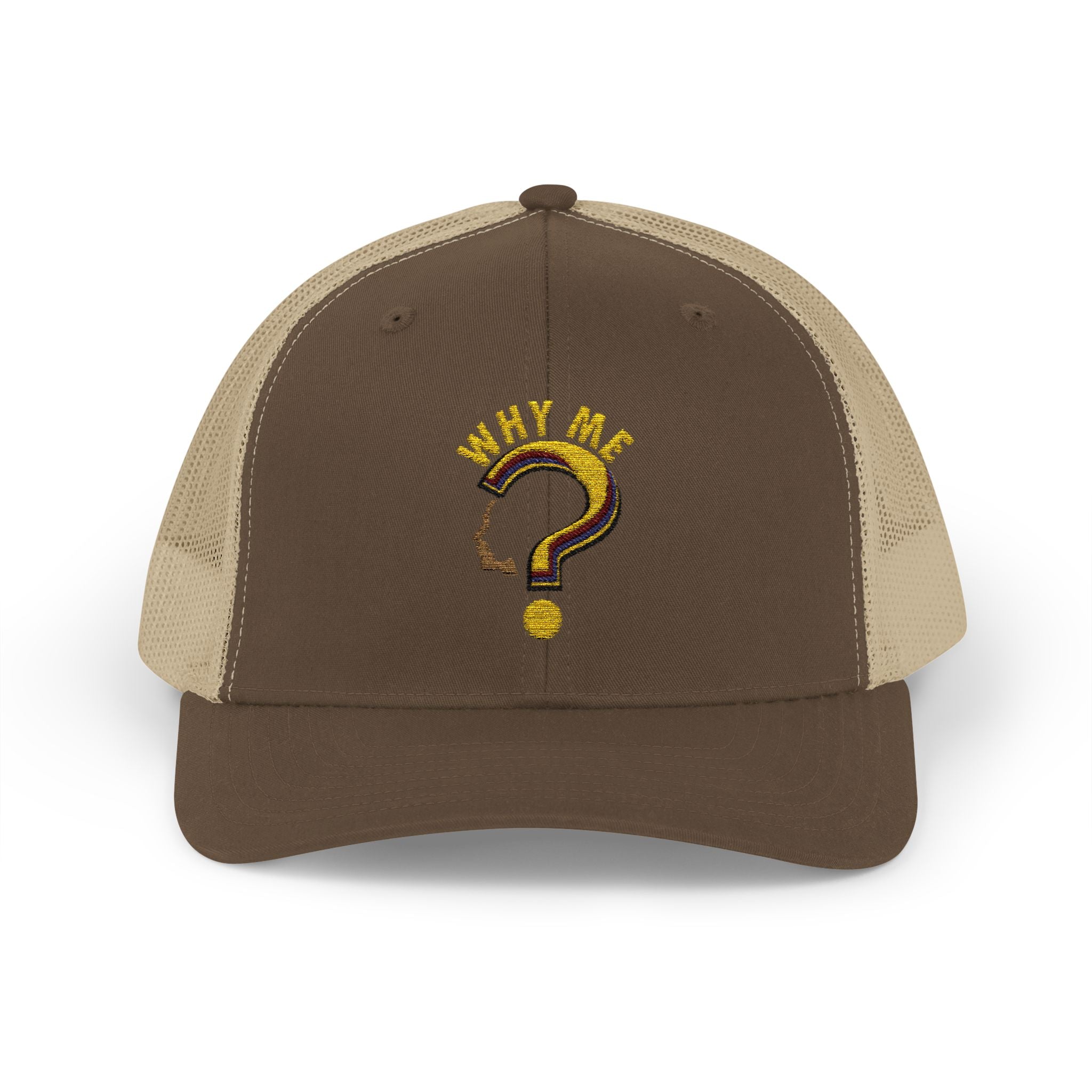 Trucker Cap - Gold Glitter Question Mark "Why Me" Embroidered Snapback