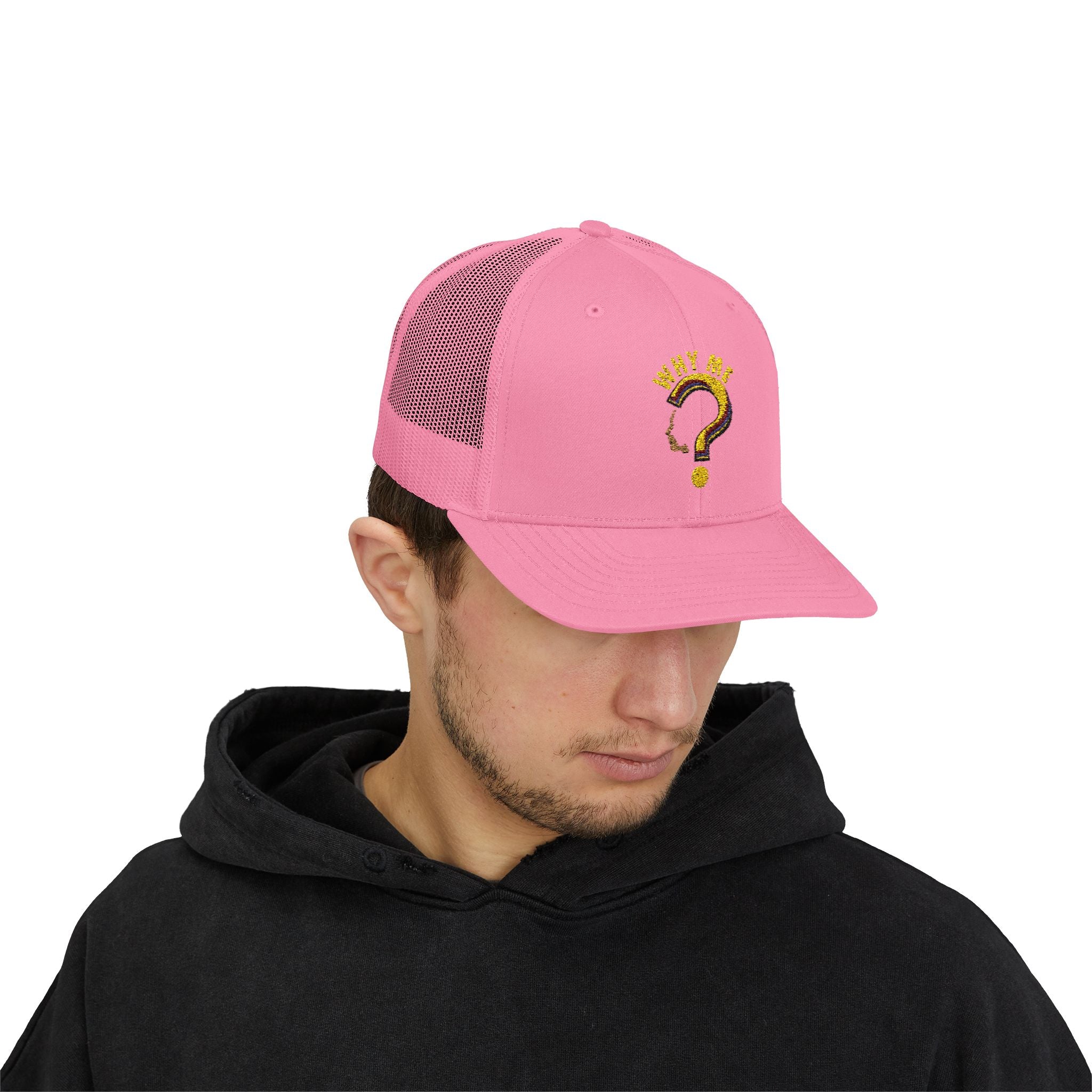 Trucker Cap - Gold Glitter Question Mark "Why Me" Embroidered Snapback