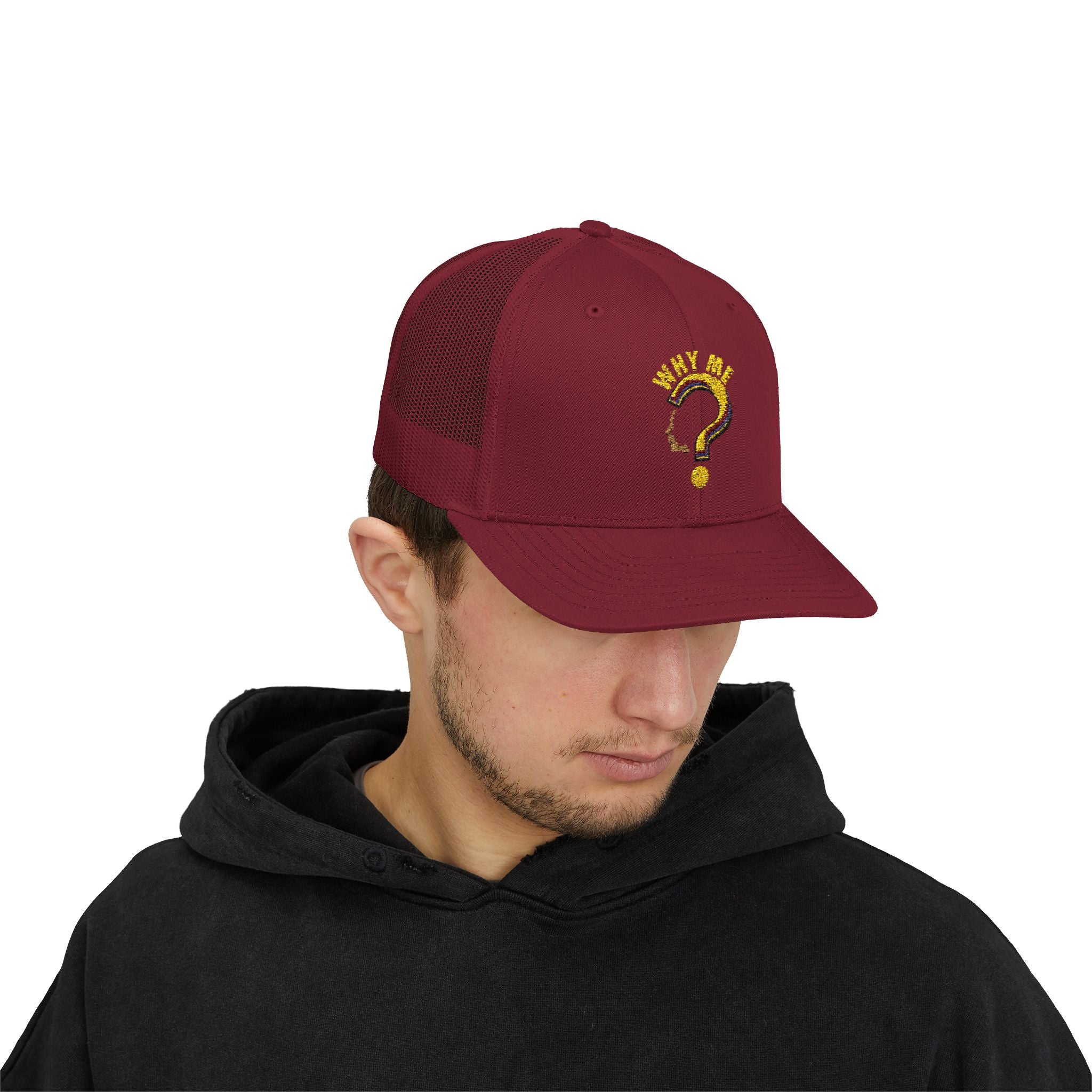 Trucker Cap - Gold Glitter Question Mark "Why Me" Embroidered Snapback