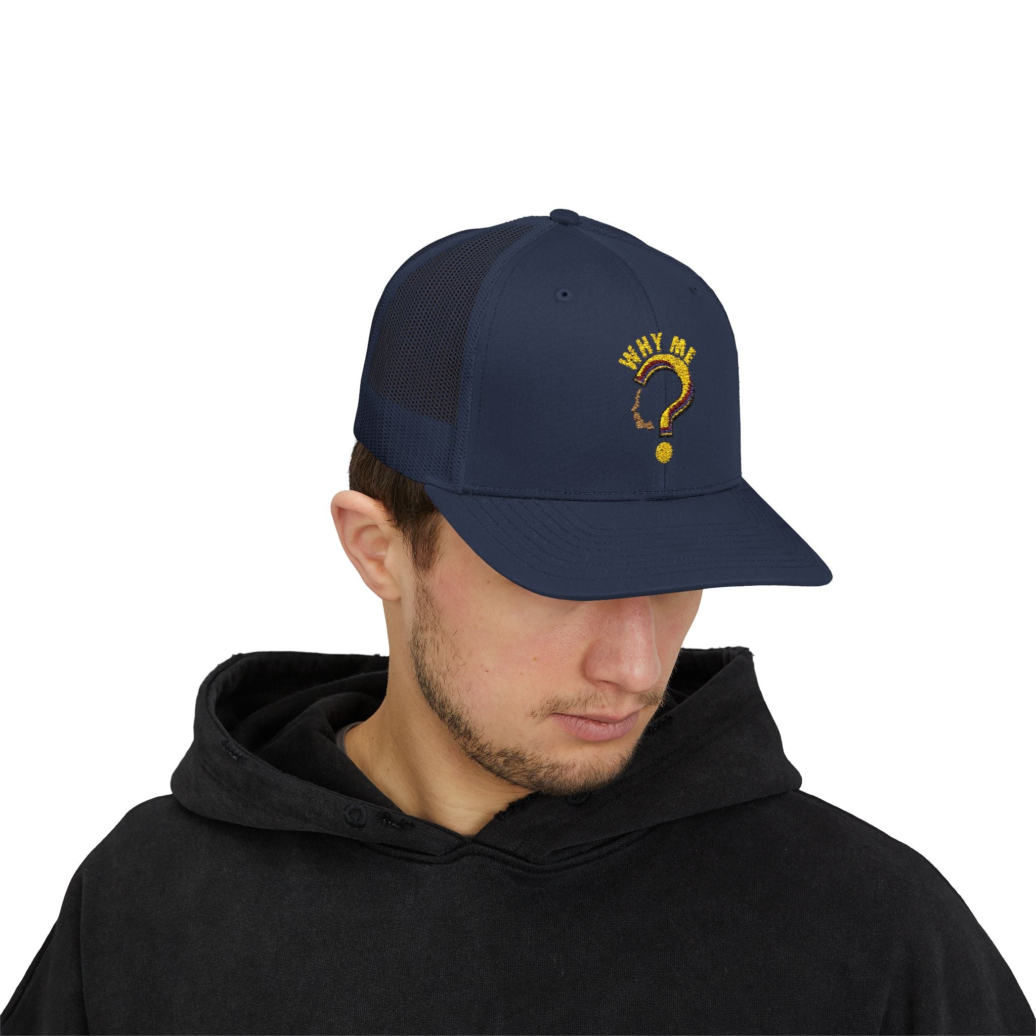 Trucker Cap - Gold Glitter Question Mark "Why Me" Embroidered Snapback