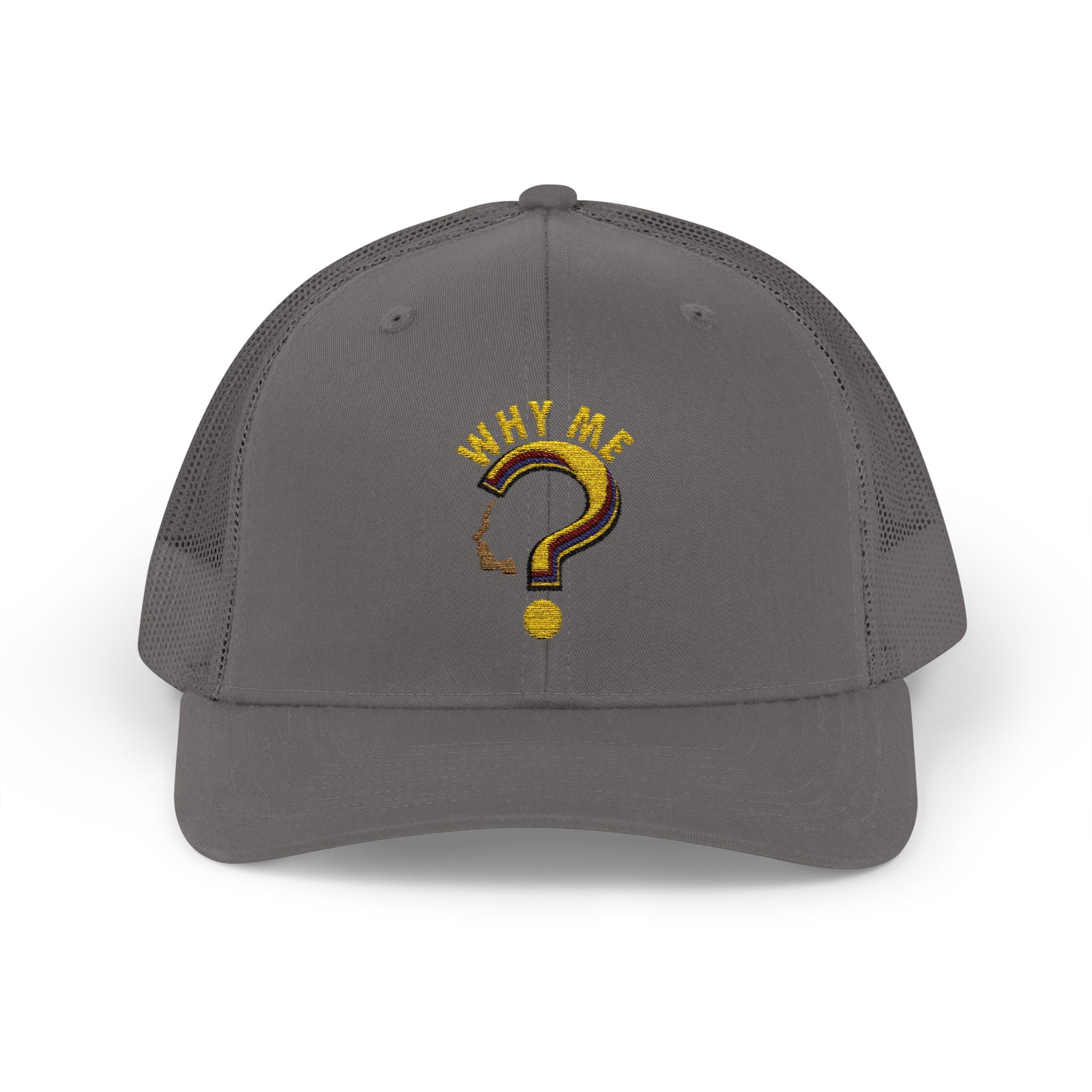 Trucker Cap - Gold Glitter Question Mark "Why Me" Embroidered Snapback