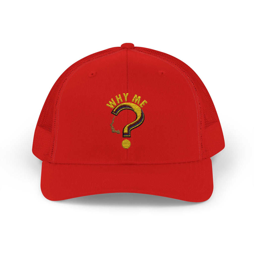 Trucker Cap - Gold Glitter Question Mark "Why Me" Embroidered Snapback