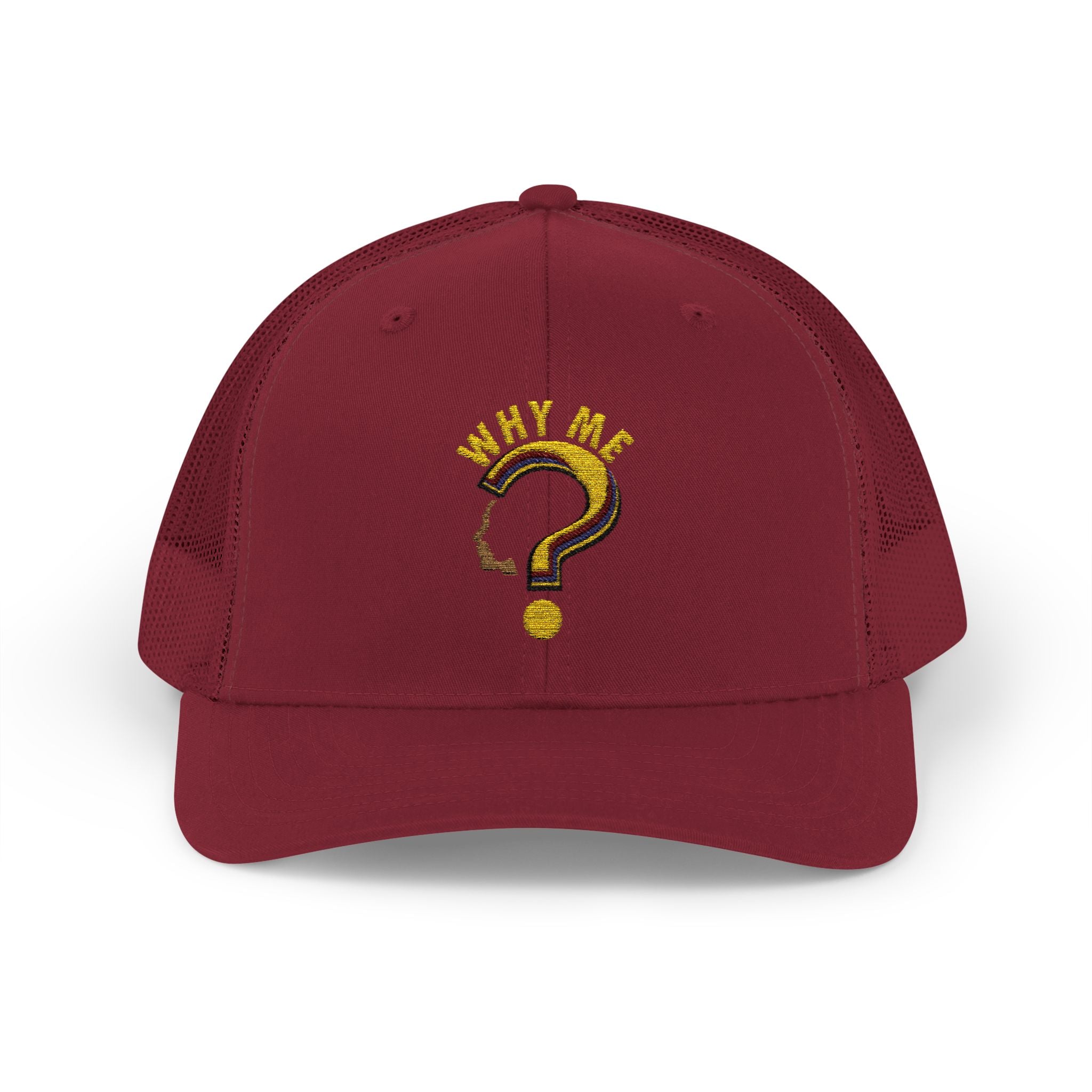 Trucker Cap - Gold Glitter Question Mark "Why Me" Embroidered Snapback