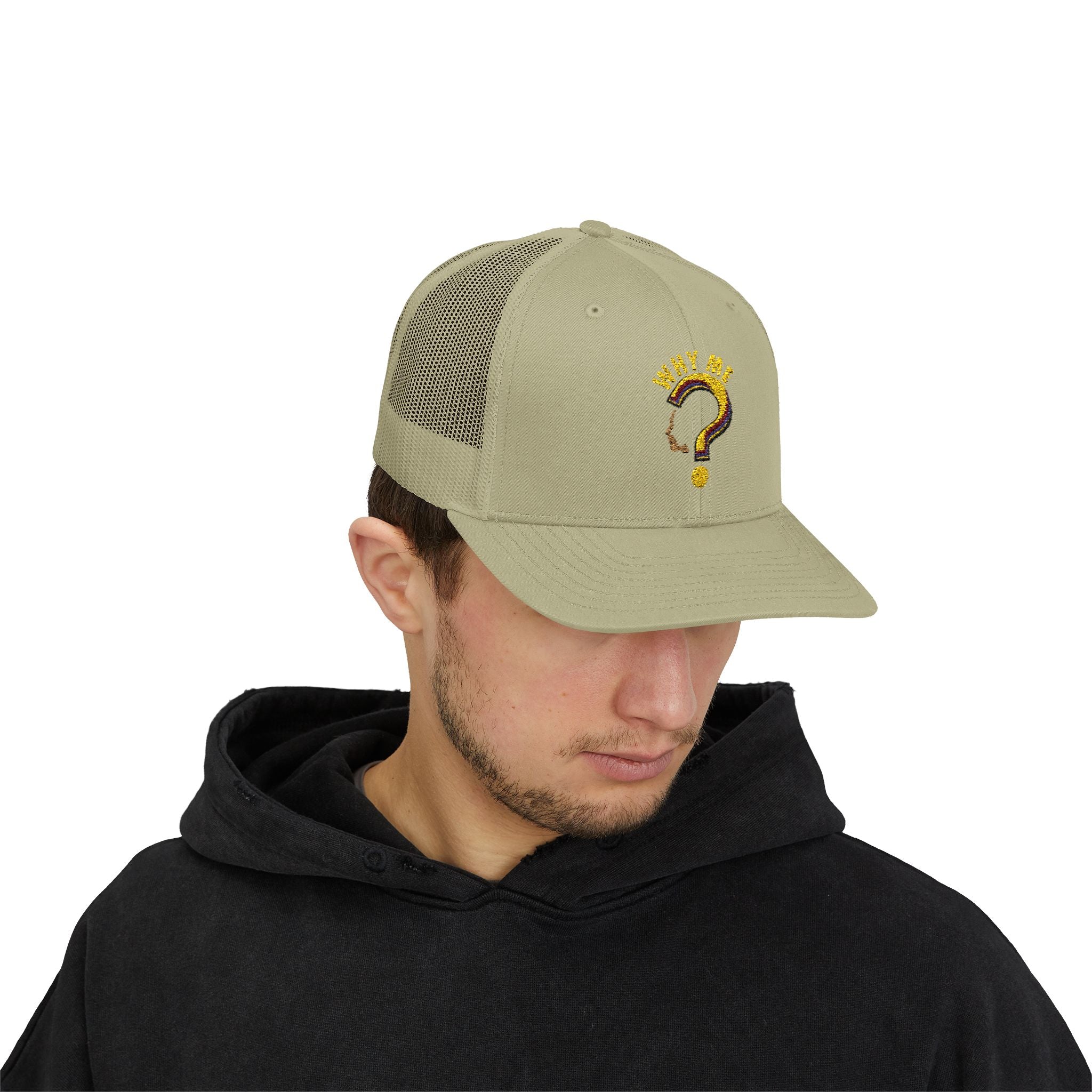 Trucker Cap - Gold Glitter Question Mark "Why Me" Embroidered Snapback