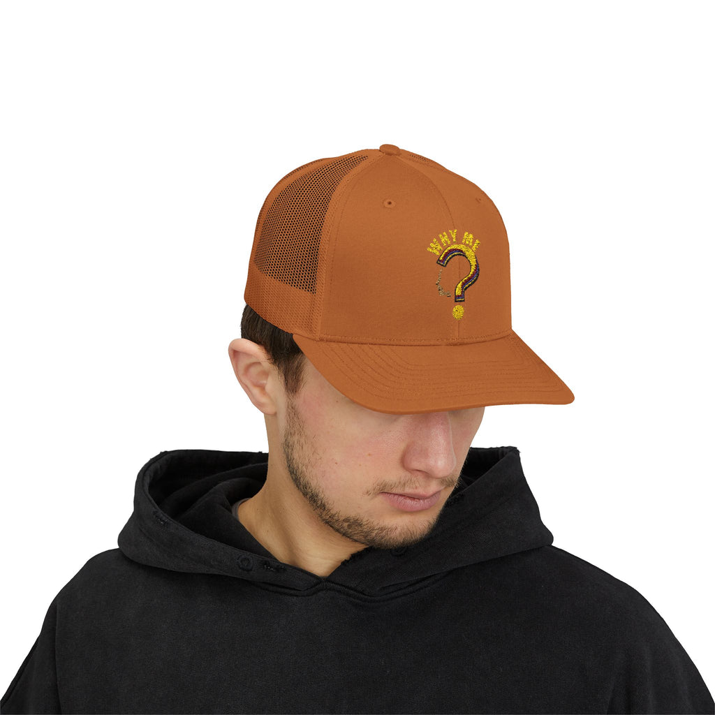 Trucker Cap - Gold Glitter Question Mark "Why Me" Embroidered Snapback