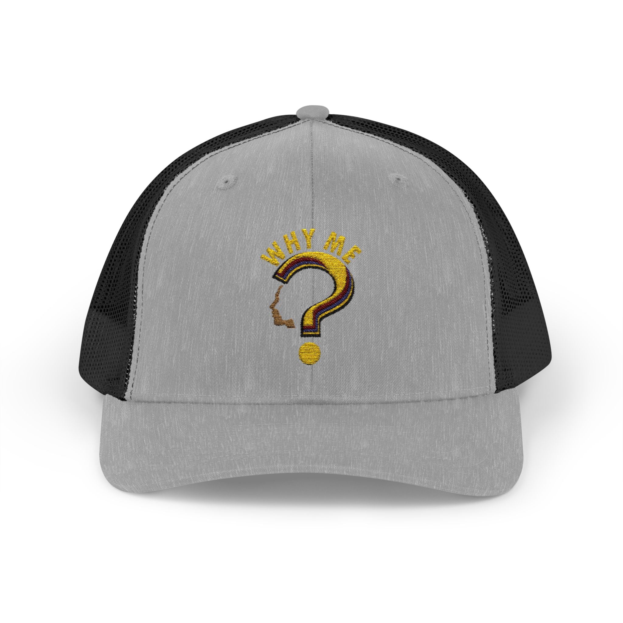 Trucker Cap - Gold Glitter Question Mark "Why Me" Embroidered Snapback