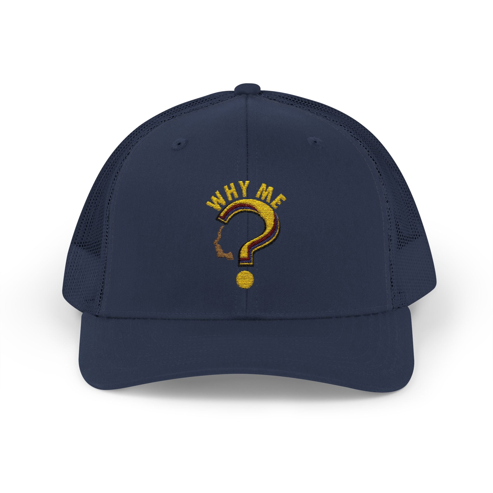 Trucker Cap - Gold Glitter Question Mark "Why Me" Embroidered Snapback