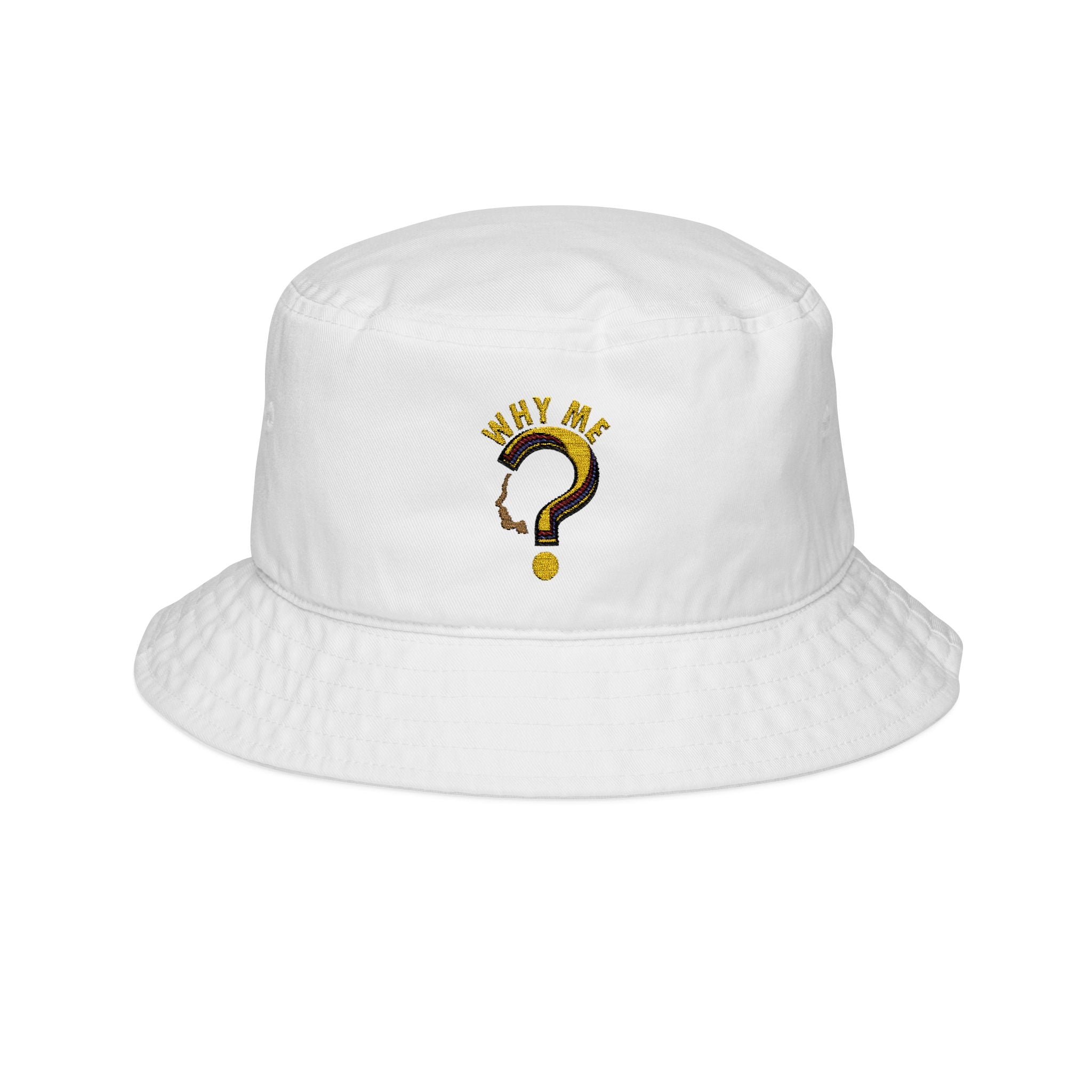 Embroidered "Why Me?" Question Mark Bucket Hat — Trendy Casual Sun Hat