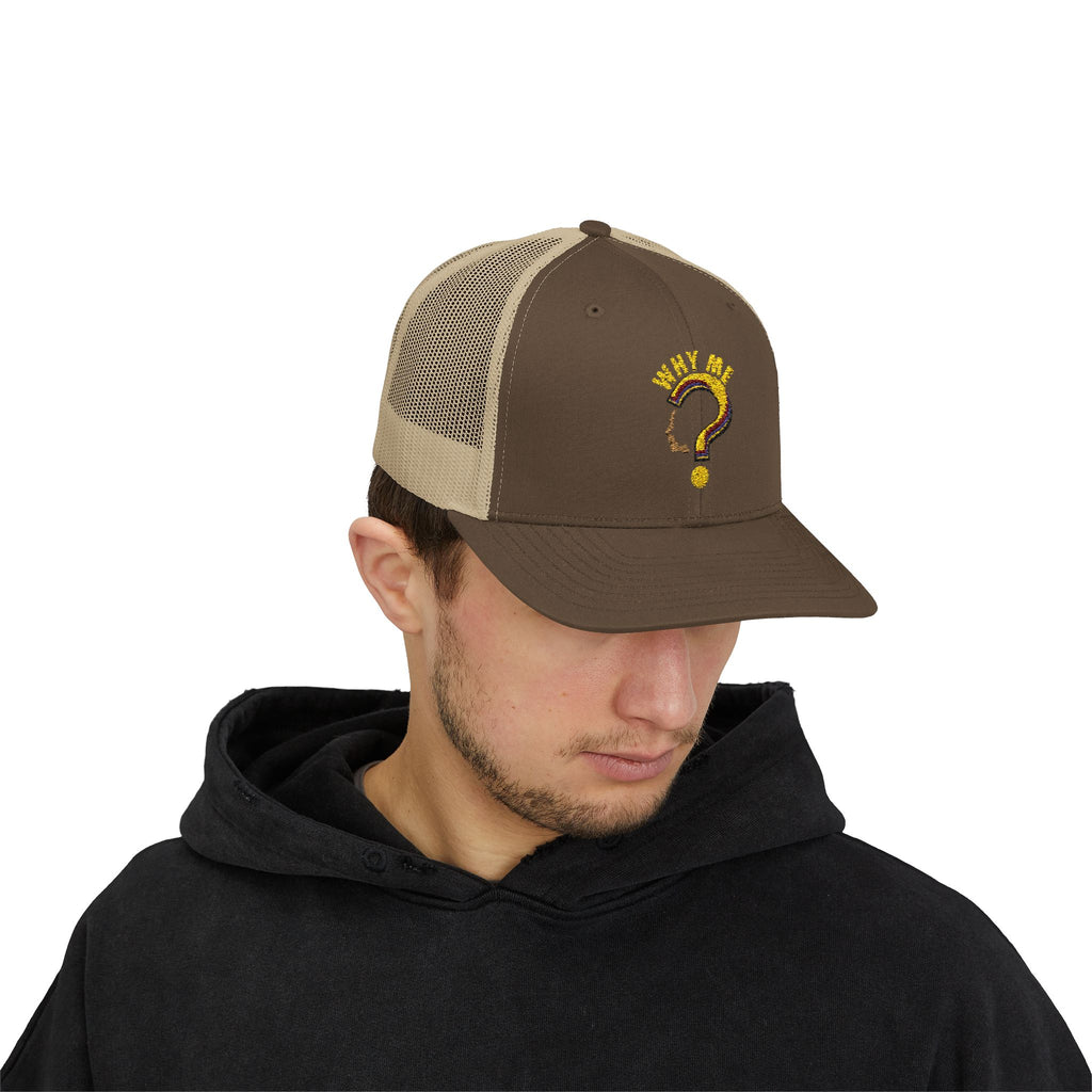 Trucker Cap - Gold Glitter Question Mark "Why Me" Embroidered Snapback