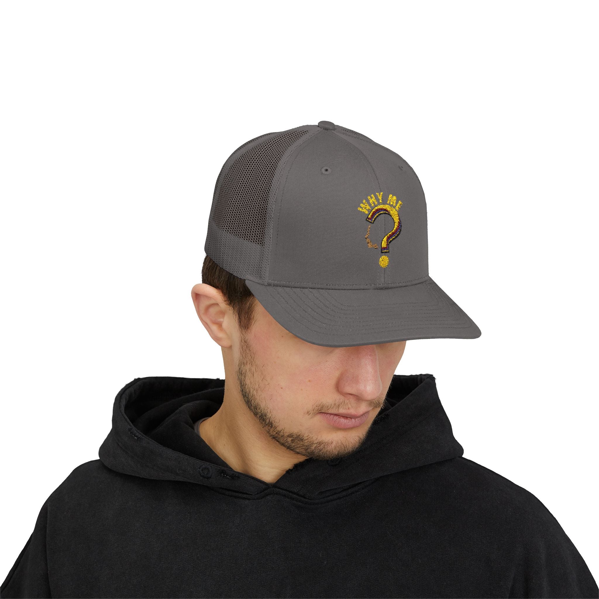 Trucker Cap - Gold Glitter Question Mark "Why Me" Embroidered Snapback
