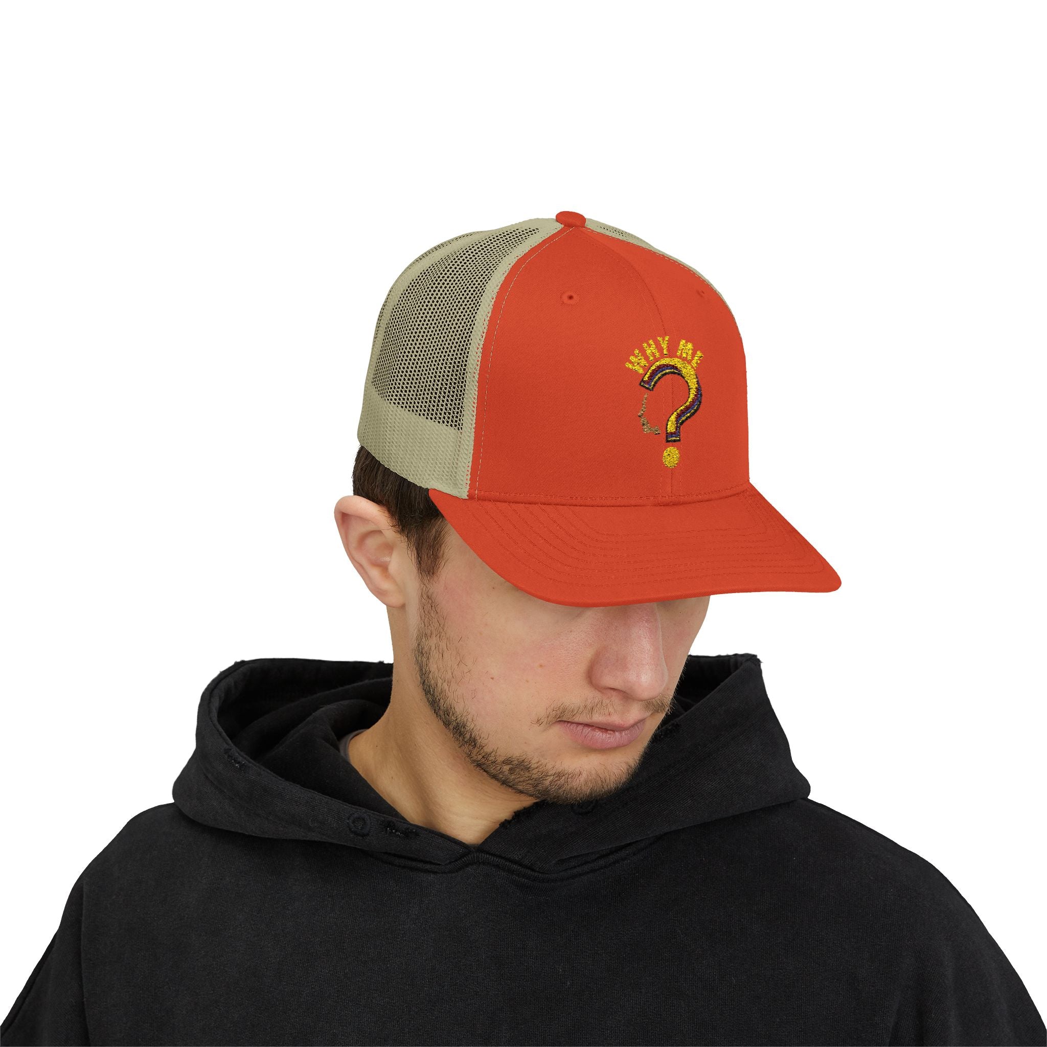Trucker Cap - Gold Glitter Question Mark "Why Me" Embroidered Snapback