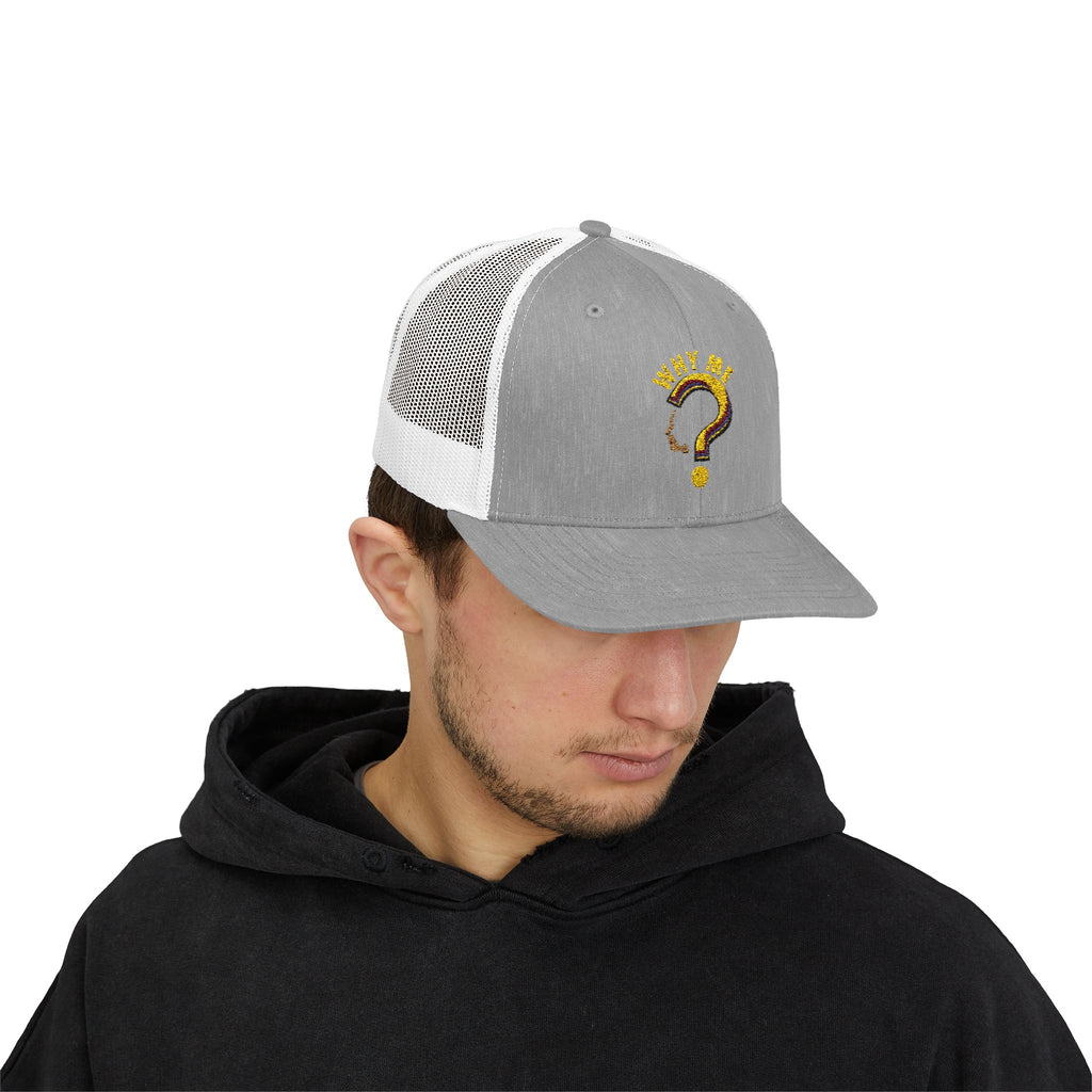 Trucker Cap - Gold Glitter Question Mark "Why Me" Embroidered Snapback