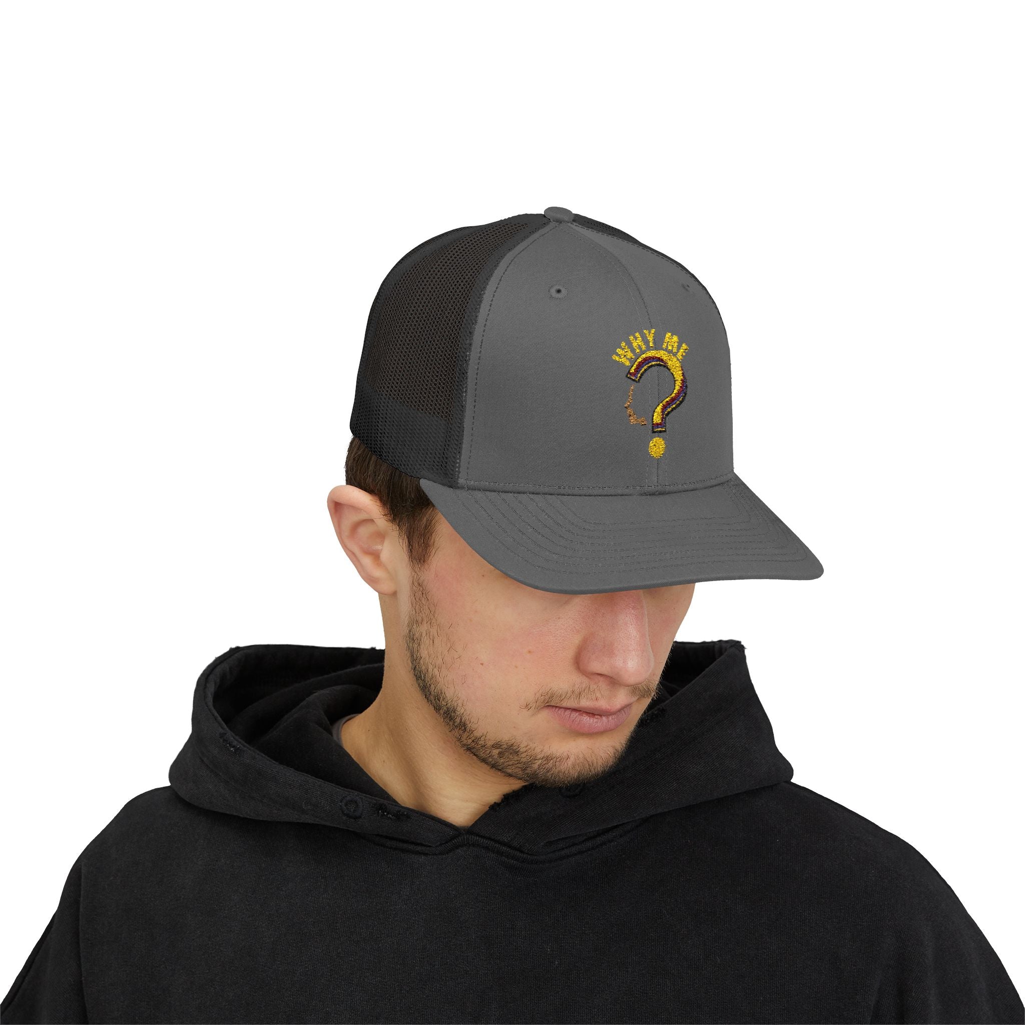 Trucker Cap - Gold Glitter Question Mark "Why Me" Embroidered Snapback