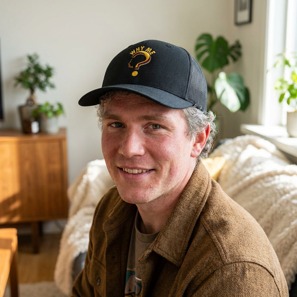Trucker Cap - Gold Glitter Question Mark "Why Me" Embroidered Snapback