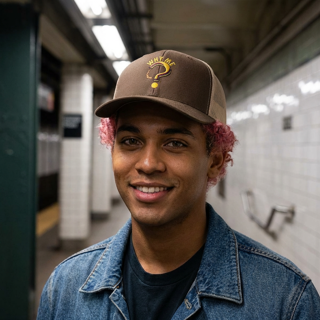 Trucker Cap - Gold Glitter Question Mark "Why Me" Embroidered Snapback