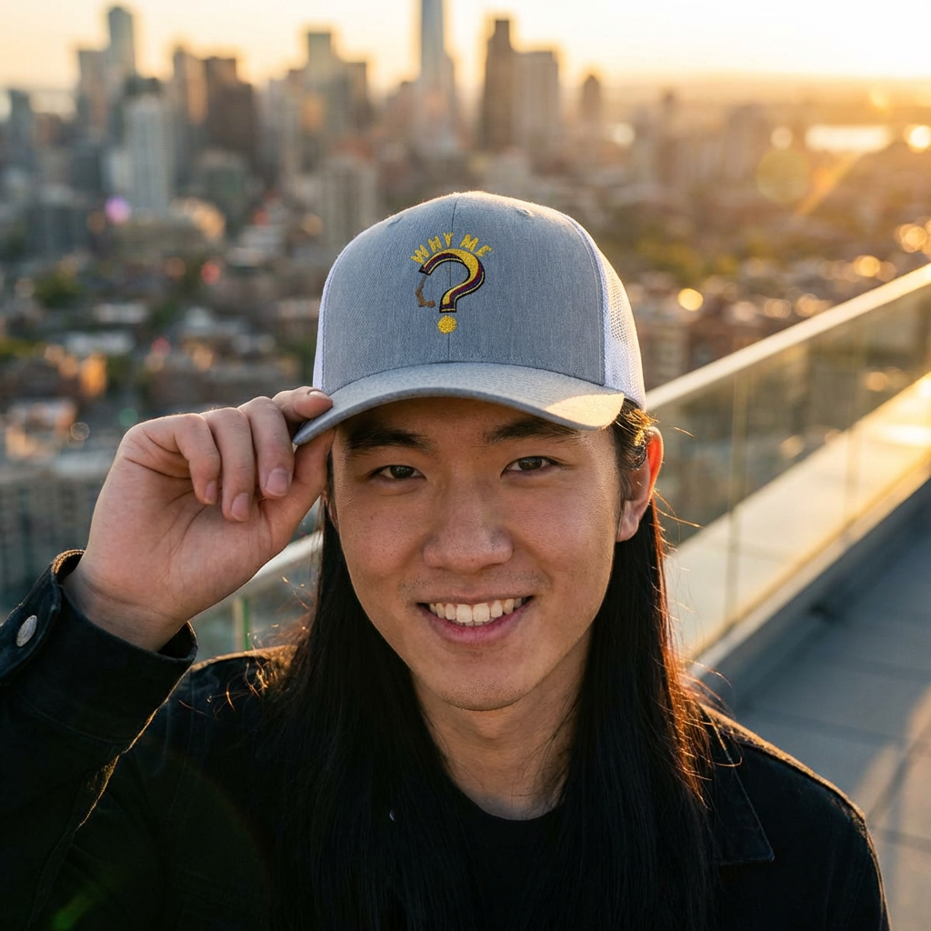 Trucker Cap - Gold Glitter Question Mark "Why Me" Embroidered Snapback