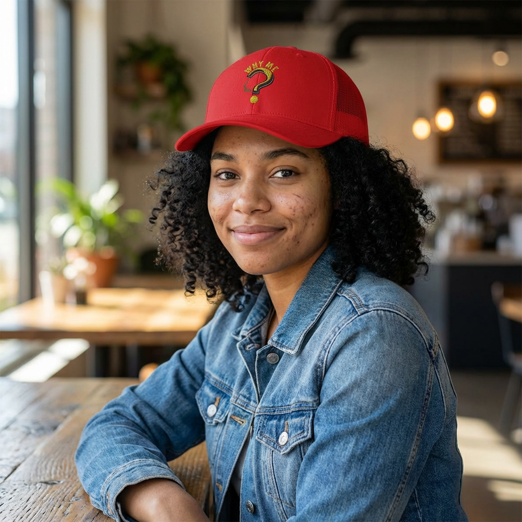Trucker Cap - Gold Glitter Question Mark "Why Me" Embroidered Snapback