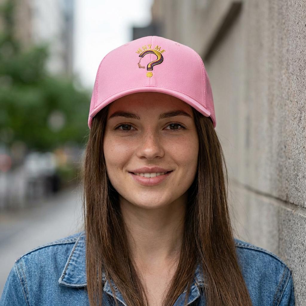 Trucker Cap - Gold Glitter Question Mark "Why Me" Embroidered Snapback