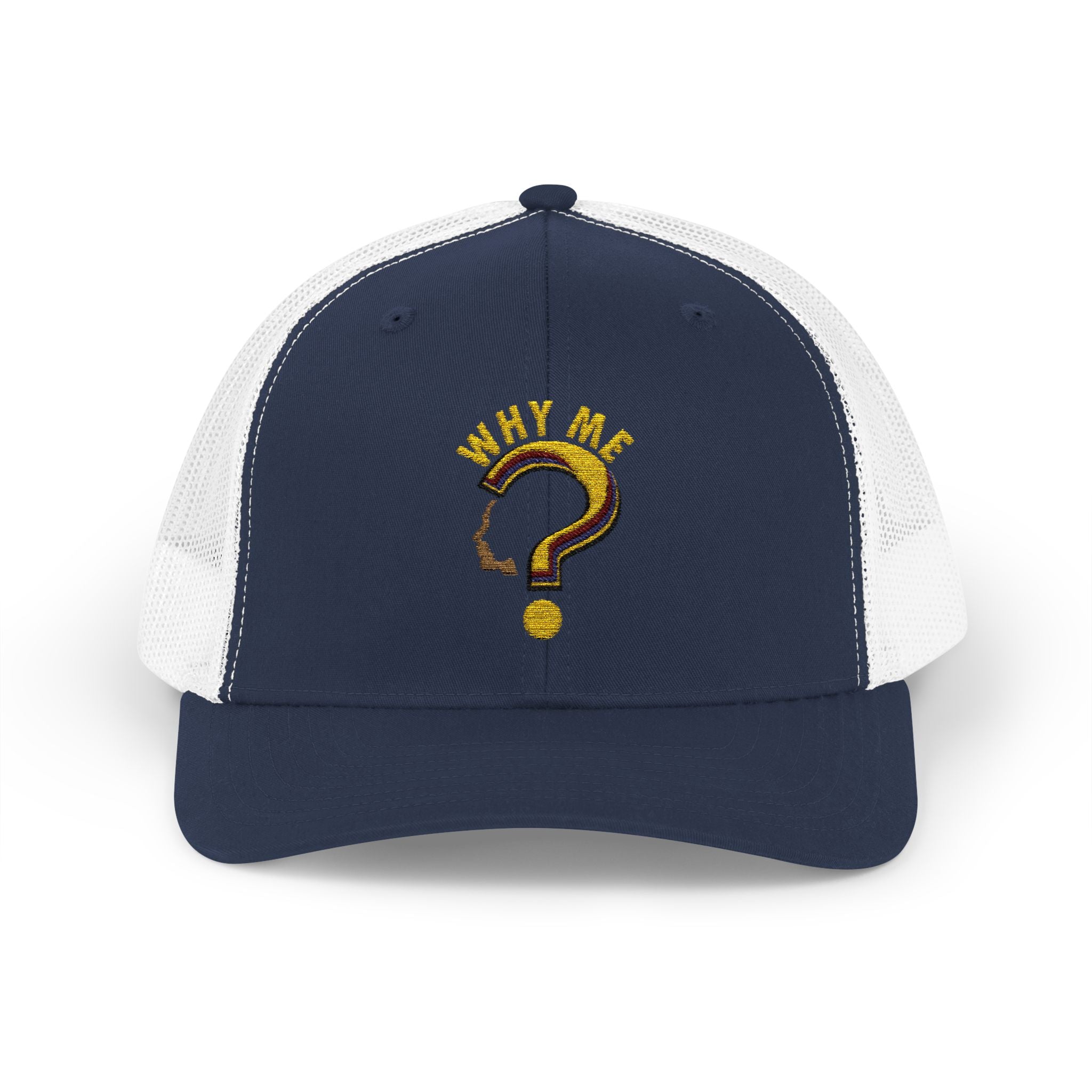 Trucker Cap - Gold Glitter Question Mark "Why Me" Embroidered Snapback