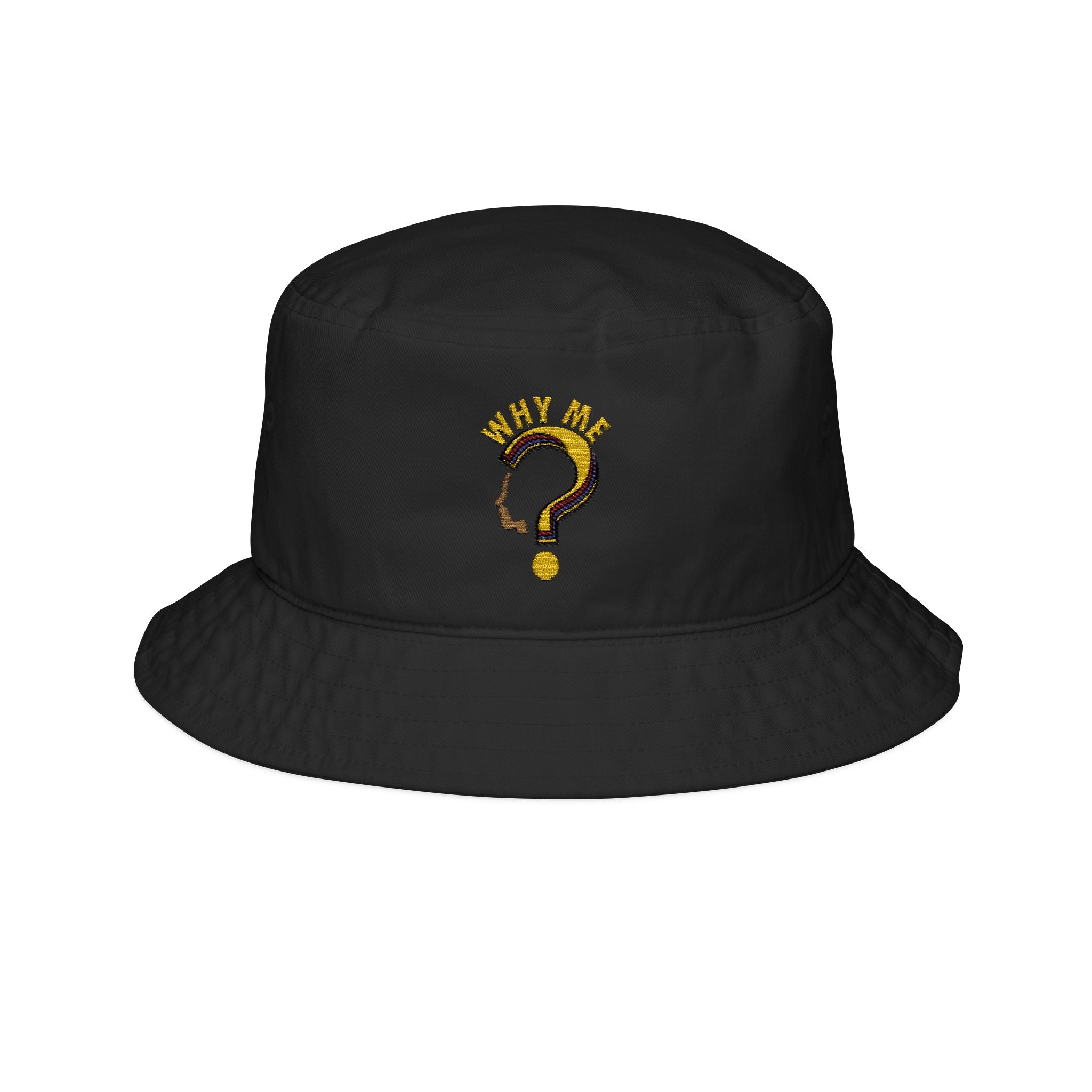Embroidered "Why Me?" Question Mark Bucket Hat — Trendy Casual Sun Hat