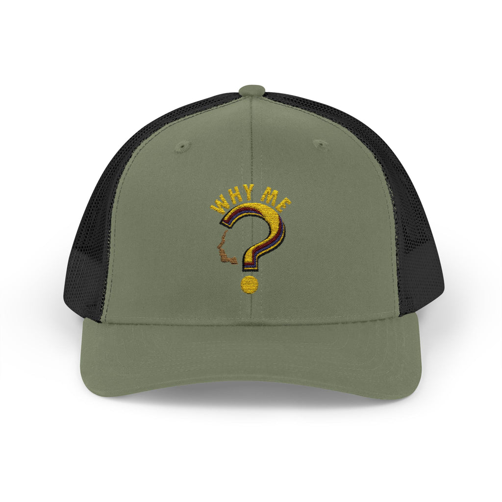 Trucker Cap - Gold Glitter Question Mark "Why Me" Embroidered Snapback