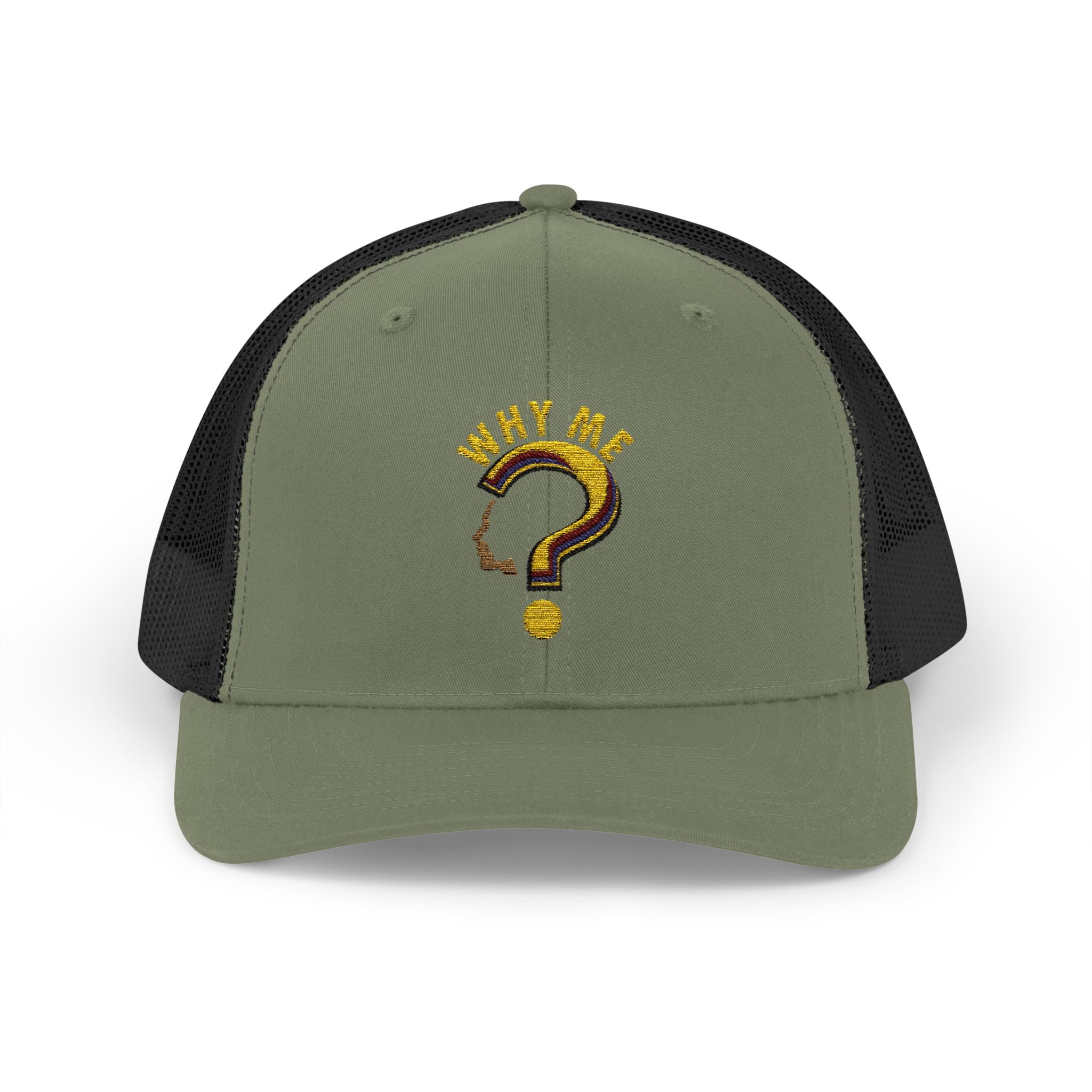 Trucker Cap - Gold Glitter Question Mark "Why Me" Embroidered Snapback