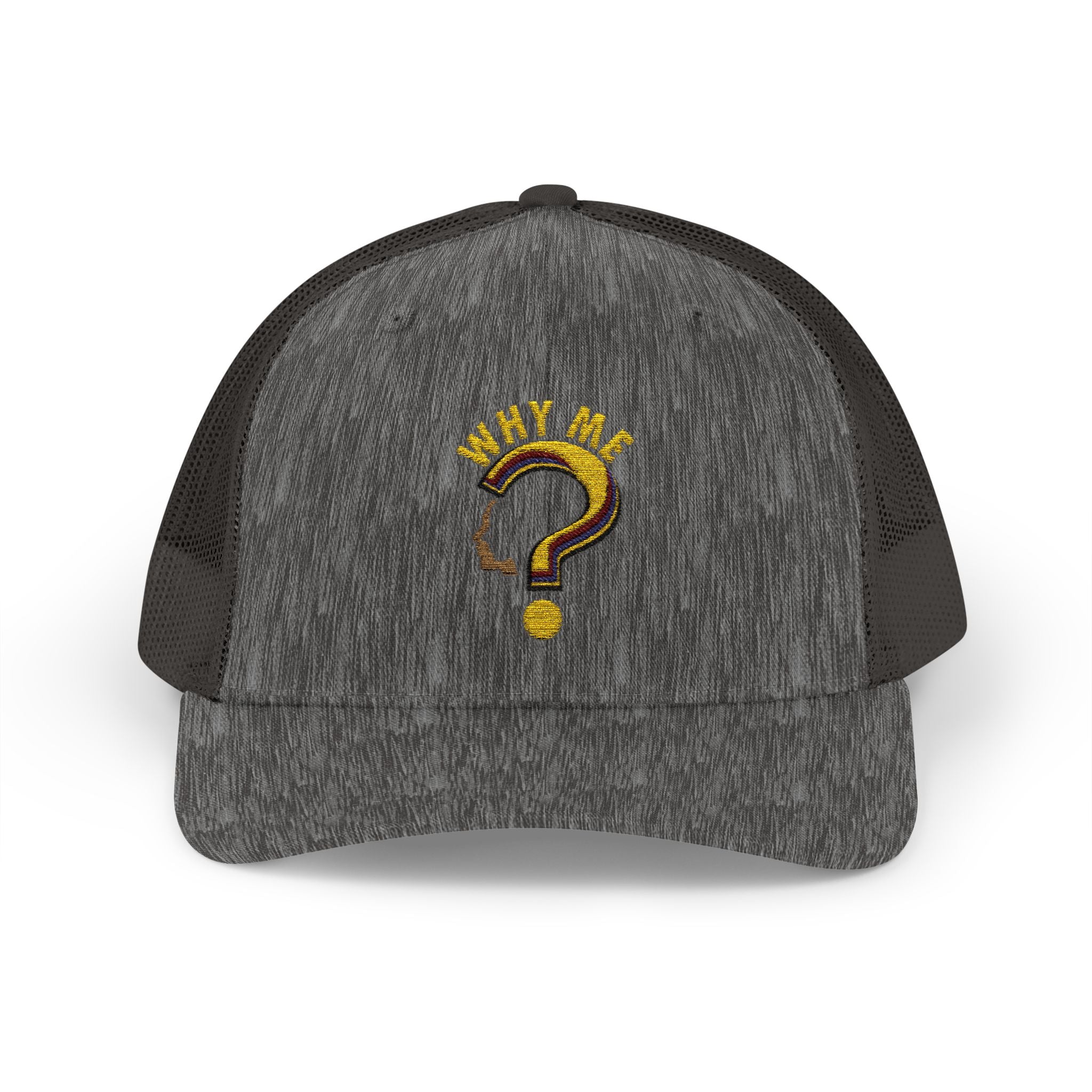 Trucker Cap - Gold Glitter Question Mark "Why Me" Embroidered Snapback