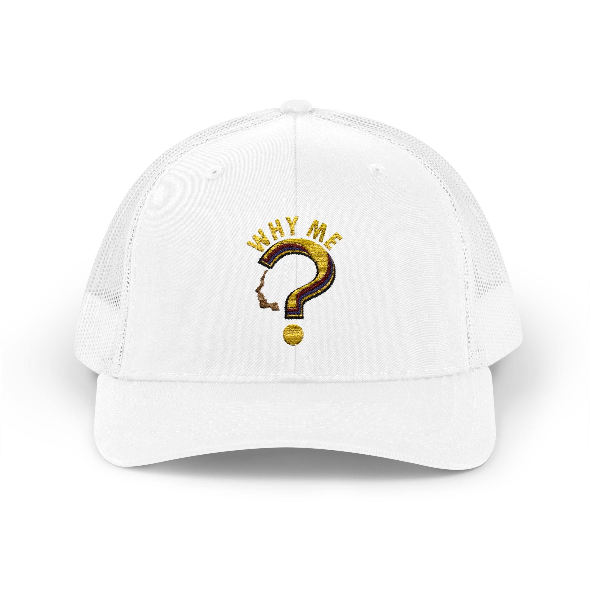 Trucker Cap - Gold Glitter Question Mark "Why Me" Embroidered Snapback