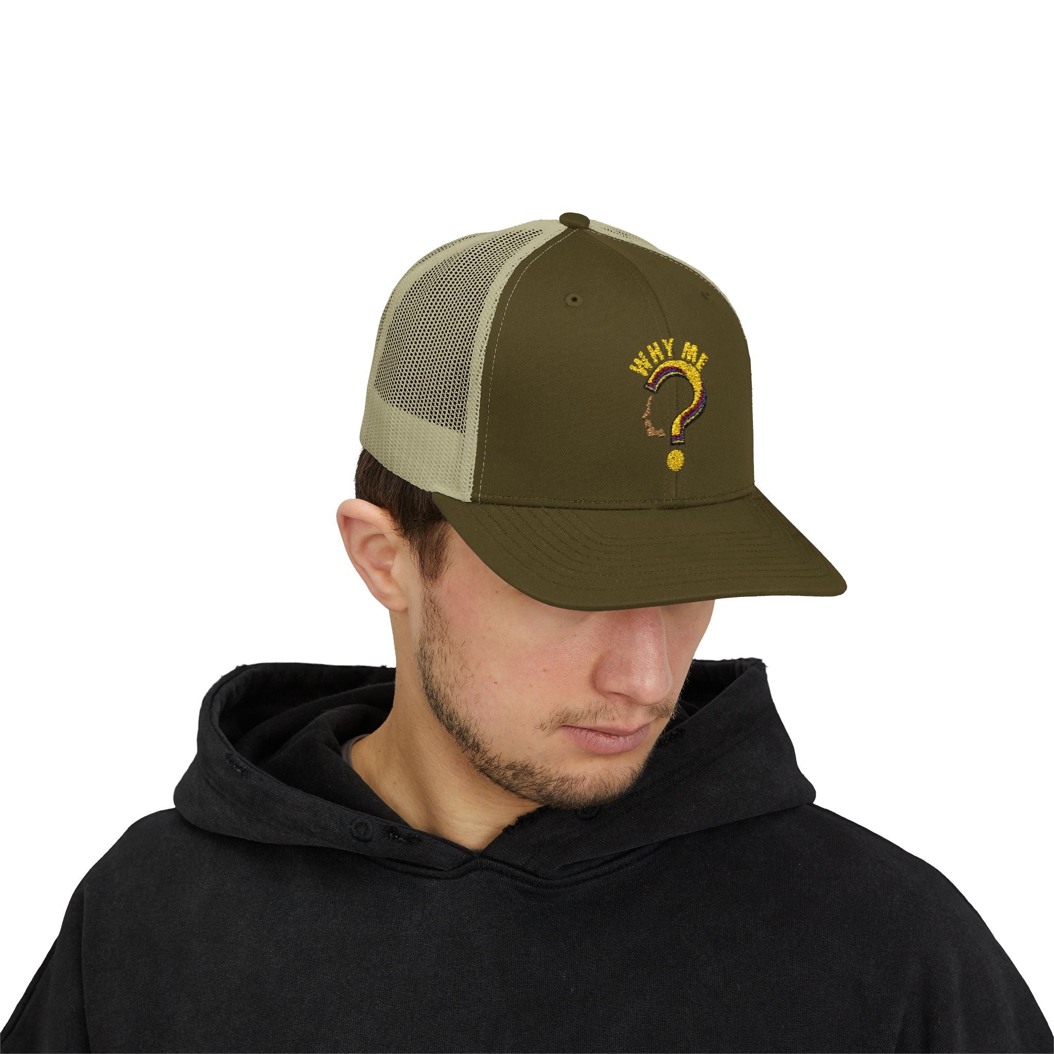 Trucker Cap - Gold Glitter Question Mark "Why Me" Embroidered Snapback