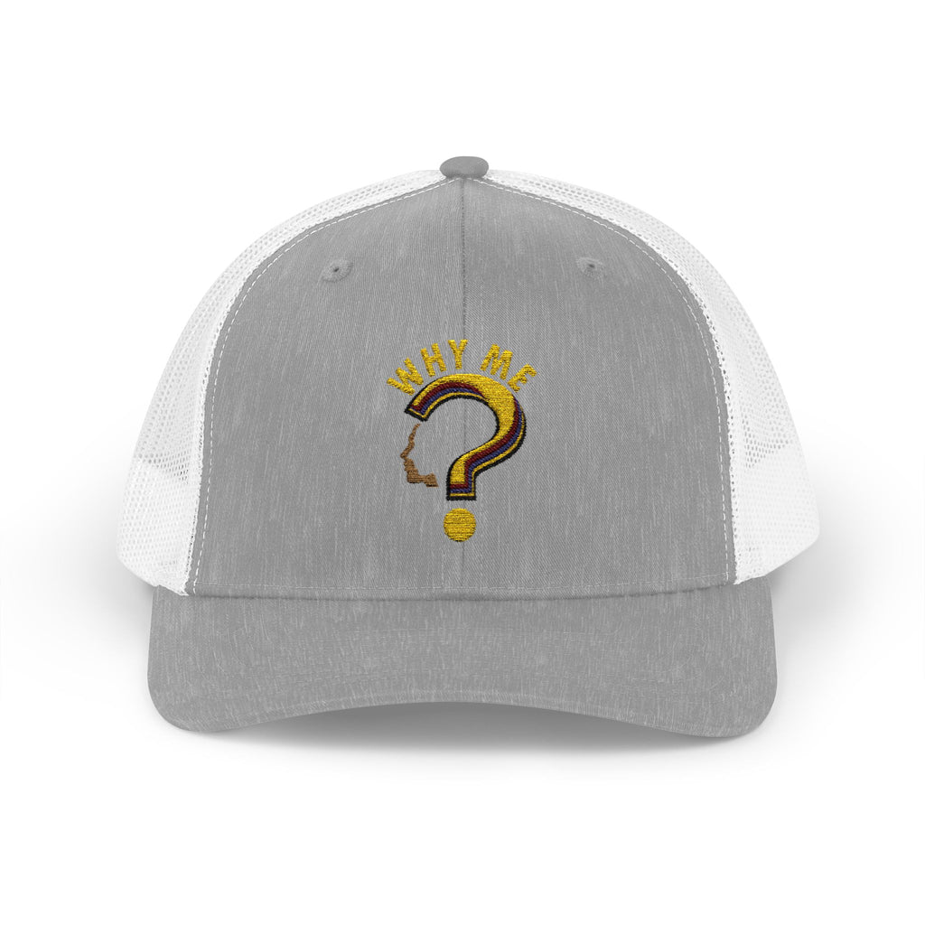 Trucker Cap - Gold Glitter Question Mark "Why Me" Embroidered Snapback