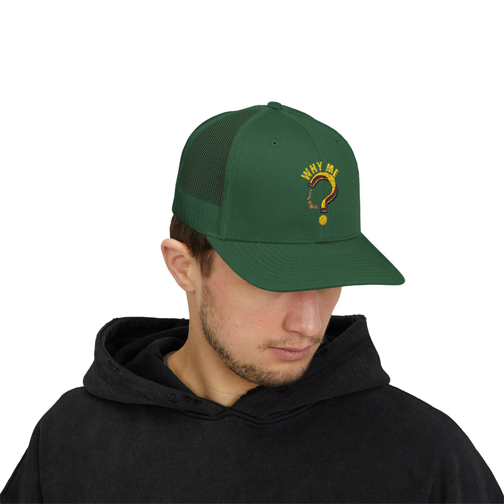 Trucker Cap - Gold Glitter Question Mark "Why Me" Embroidered Snapback