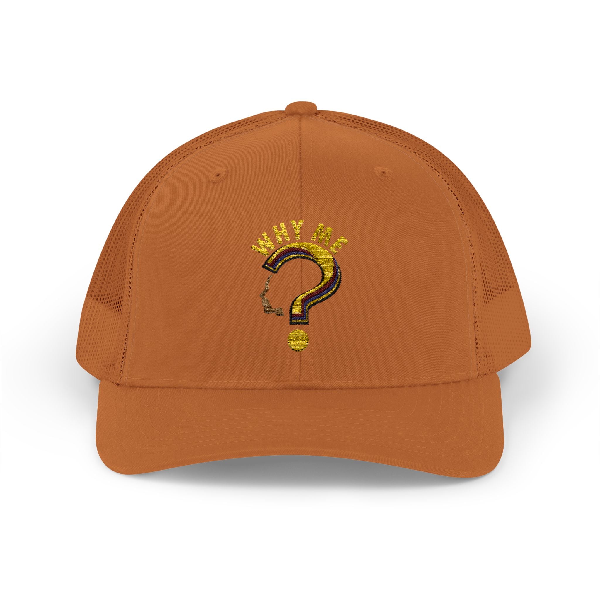 Trucker Cap - Gold Glitter Question Mark "Why Me" Embroidered Snapback