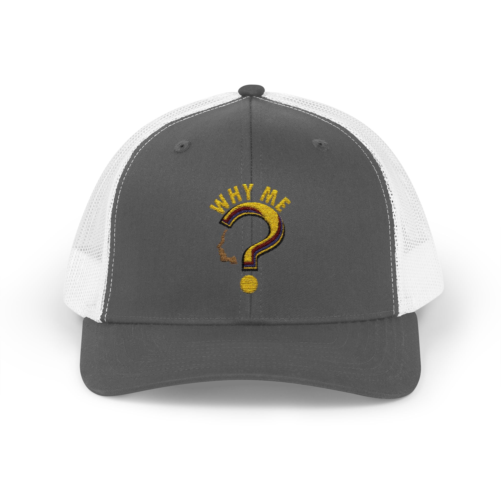 Trucker Cap - Gold Glitter Question Mark "Why Me" Embroidered Snapback