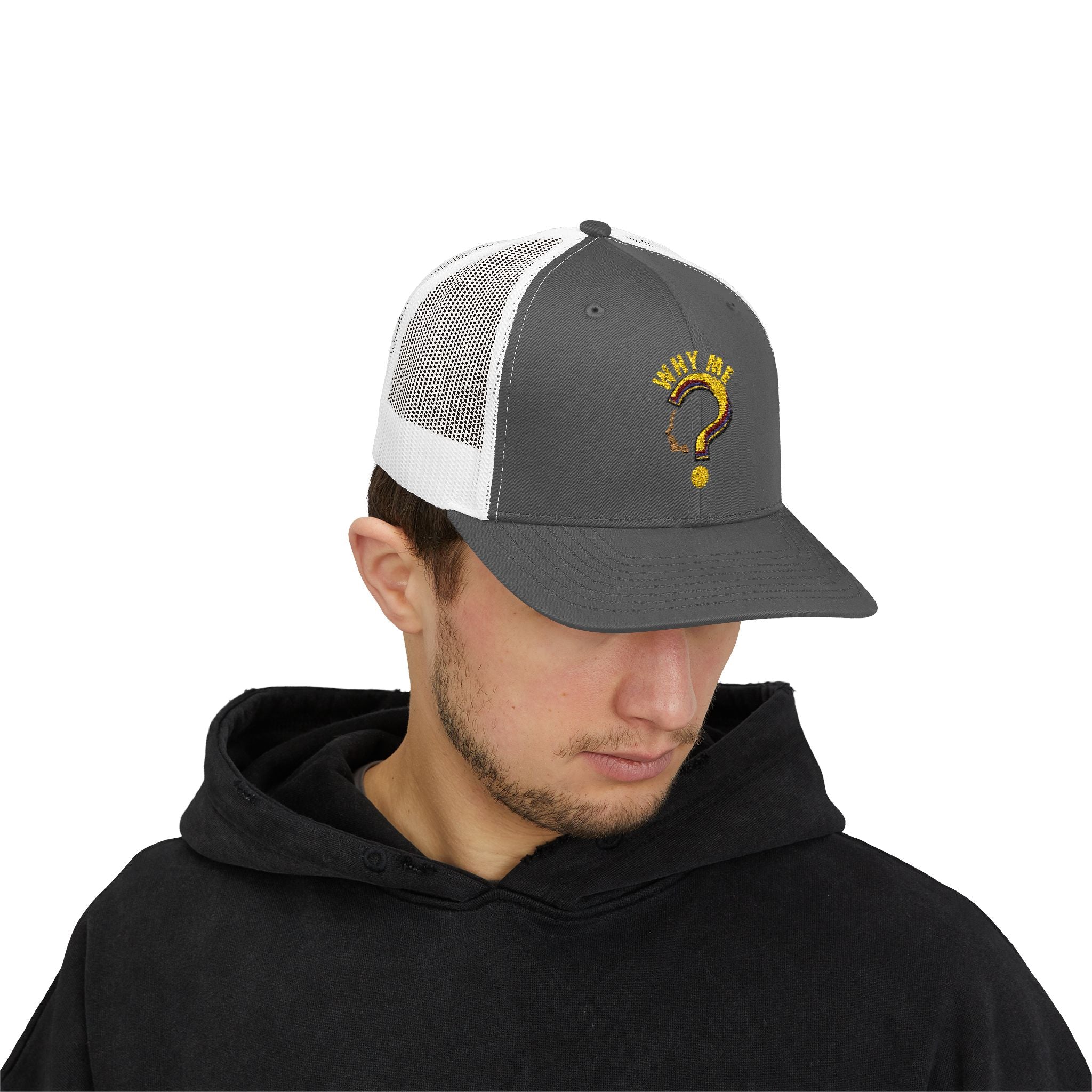 Trucker Cap - Gold Glitter Question Mark "Why Me" Embroidered Snapback