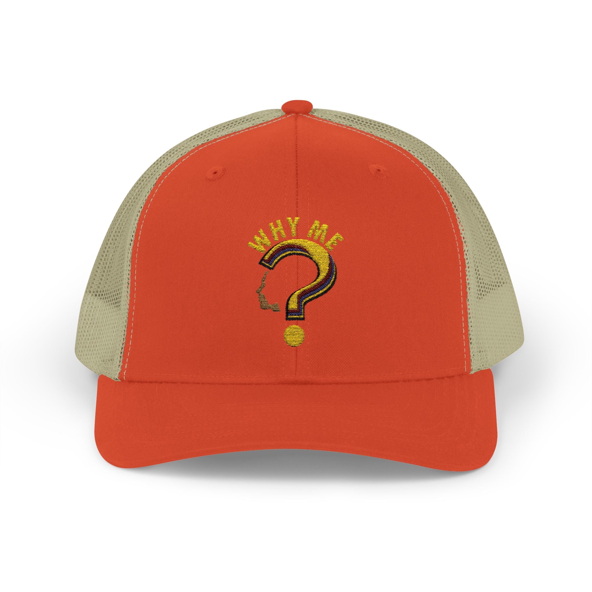 Trucker Cap - Gold Glitter Question Mark "Why Me" Embroidered Snapback