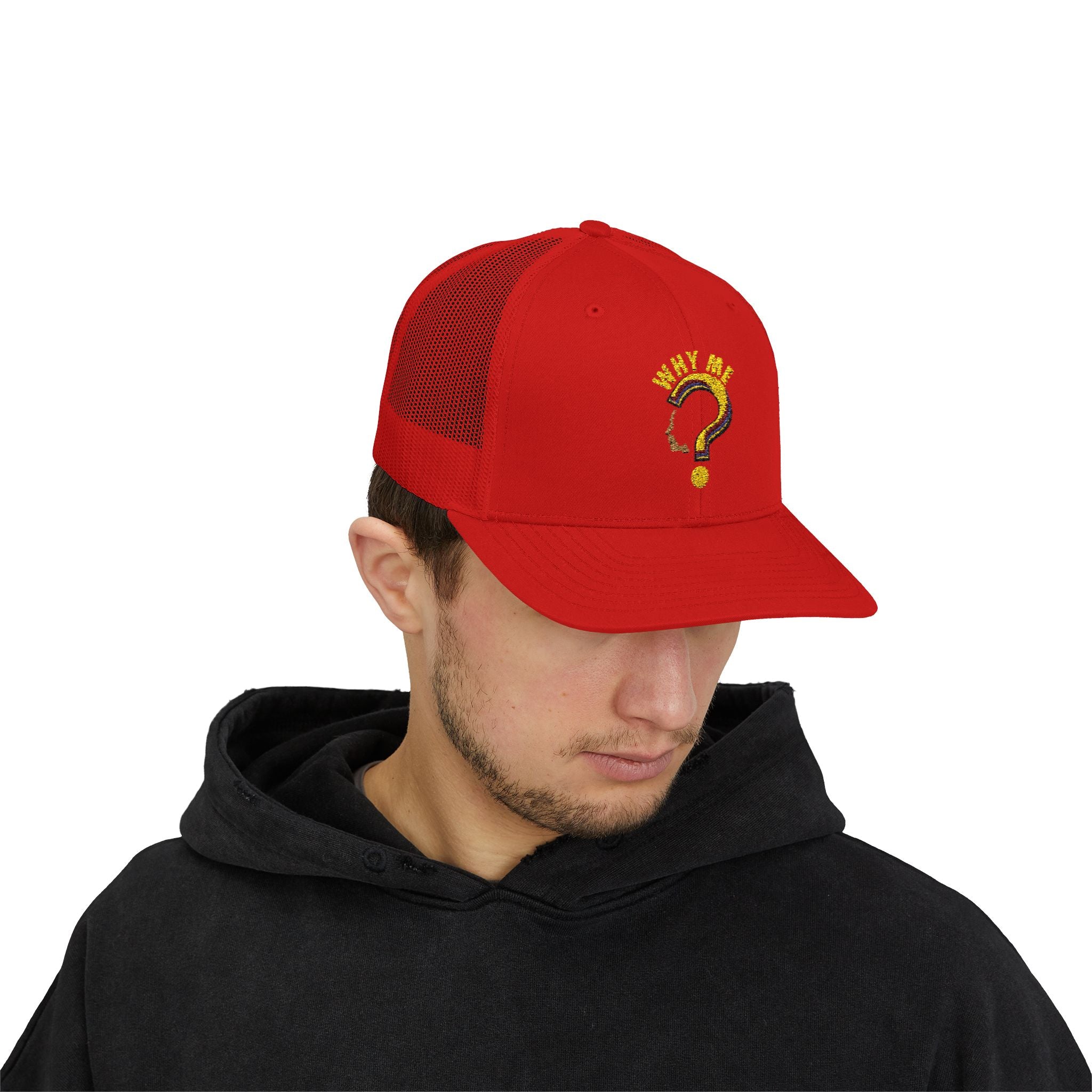 Trucker Cap - Gold Glitter Question Mark "Why Me" Embroidered Snapback