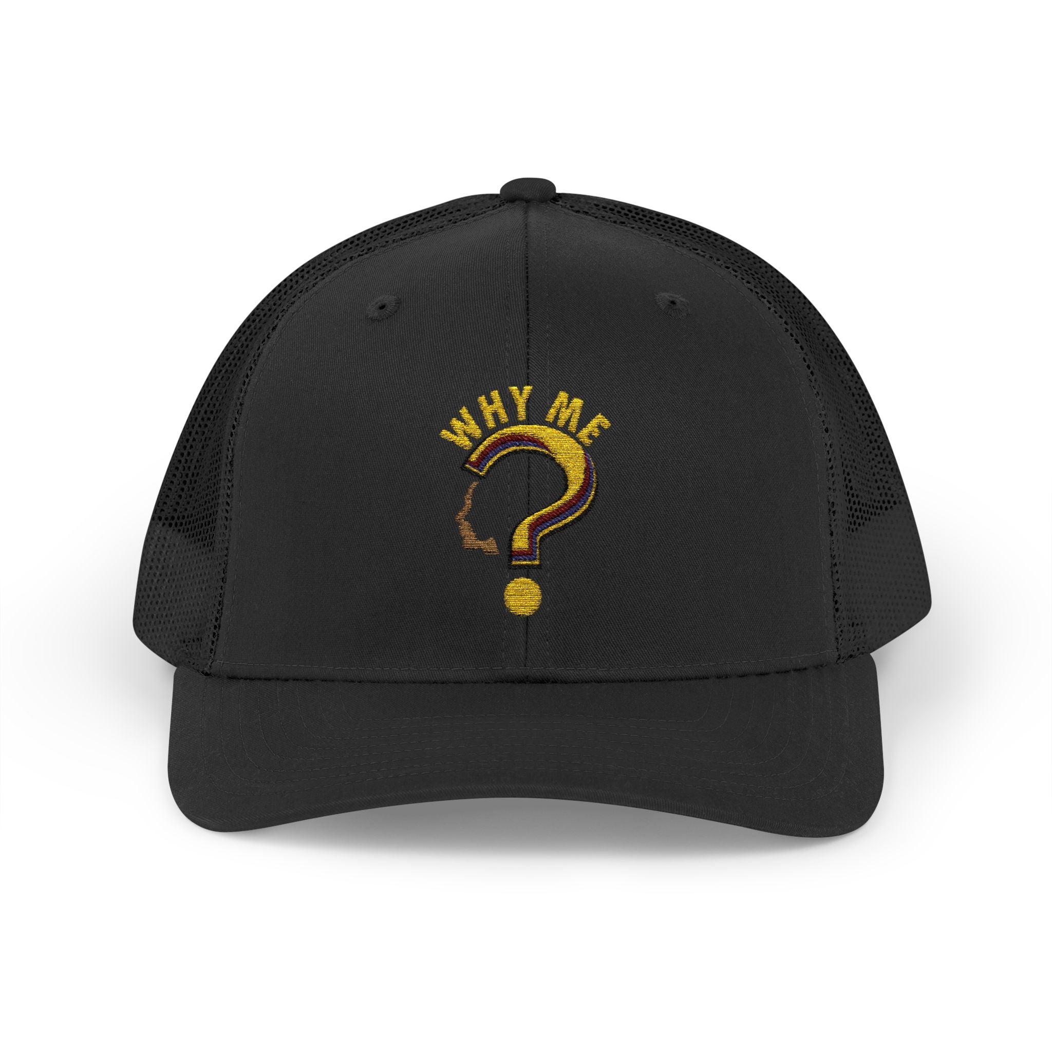 Trucker Cap - Gold Glitter Question Mark "Why Me" Embroidered Snapback