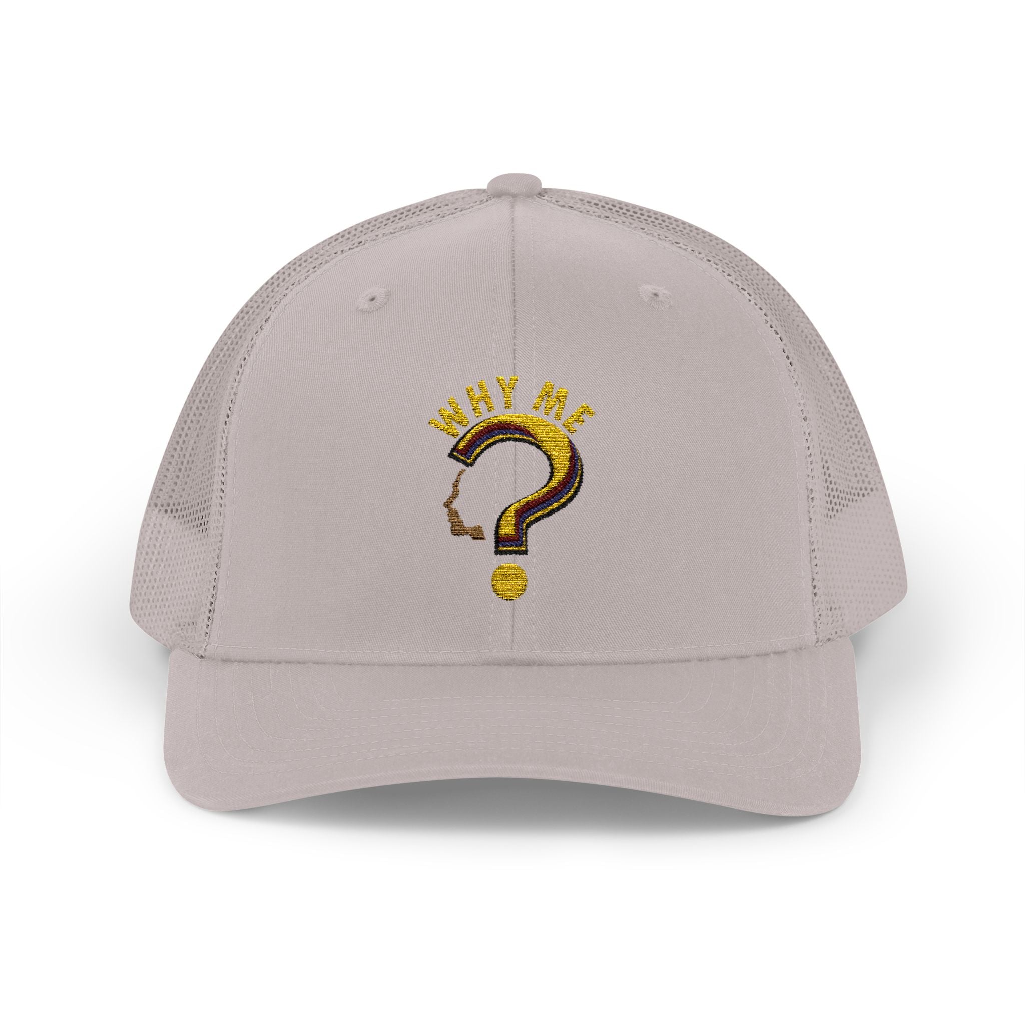 Trucker Cap - Gold Glitter Question Mark "Why Me" Embroidered Snapback