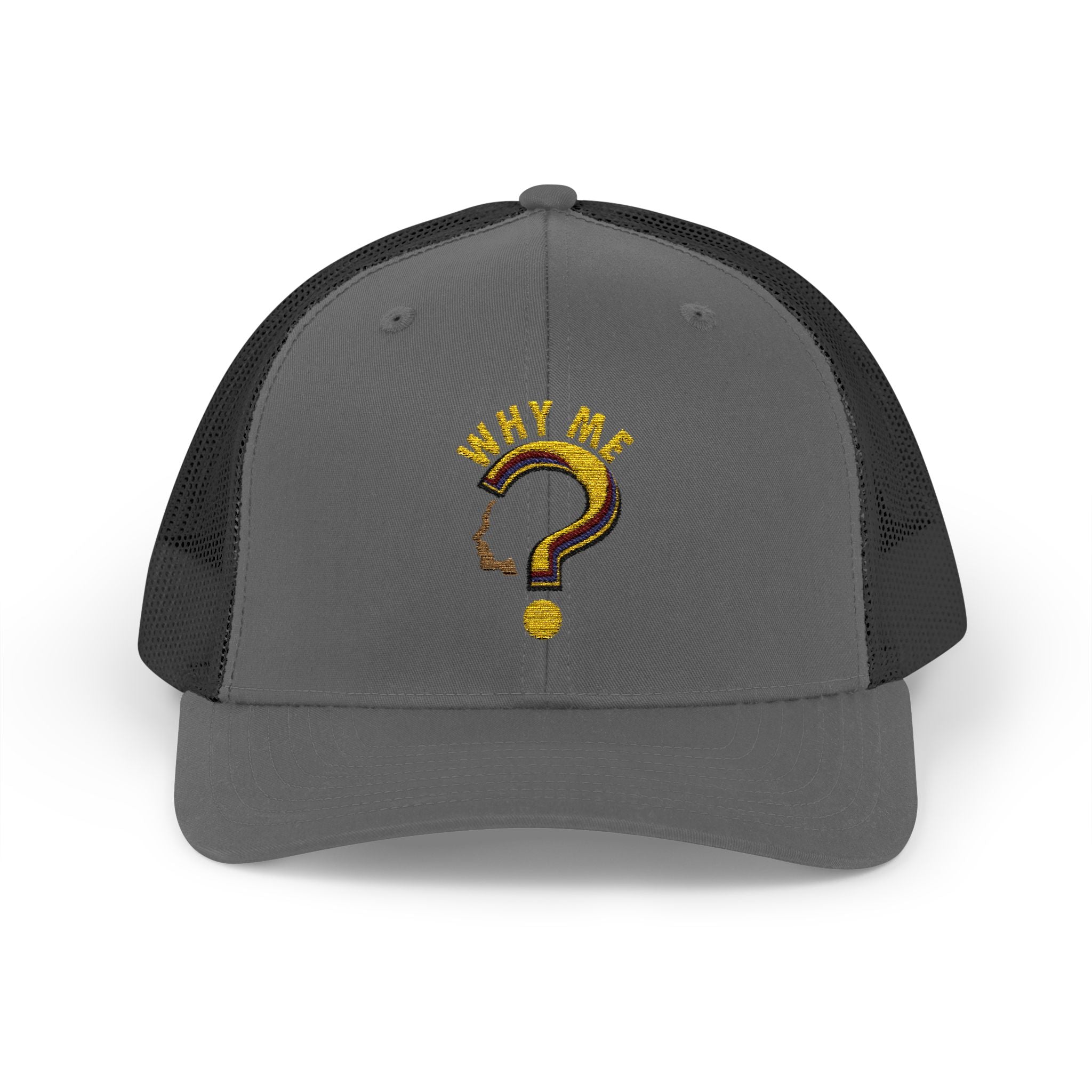 Trucker Cap - Gold Glitter Question Mark "Why Me" Embroidered Snapback