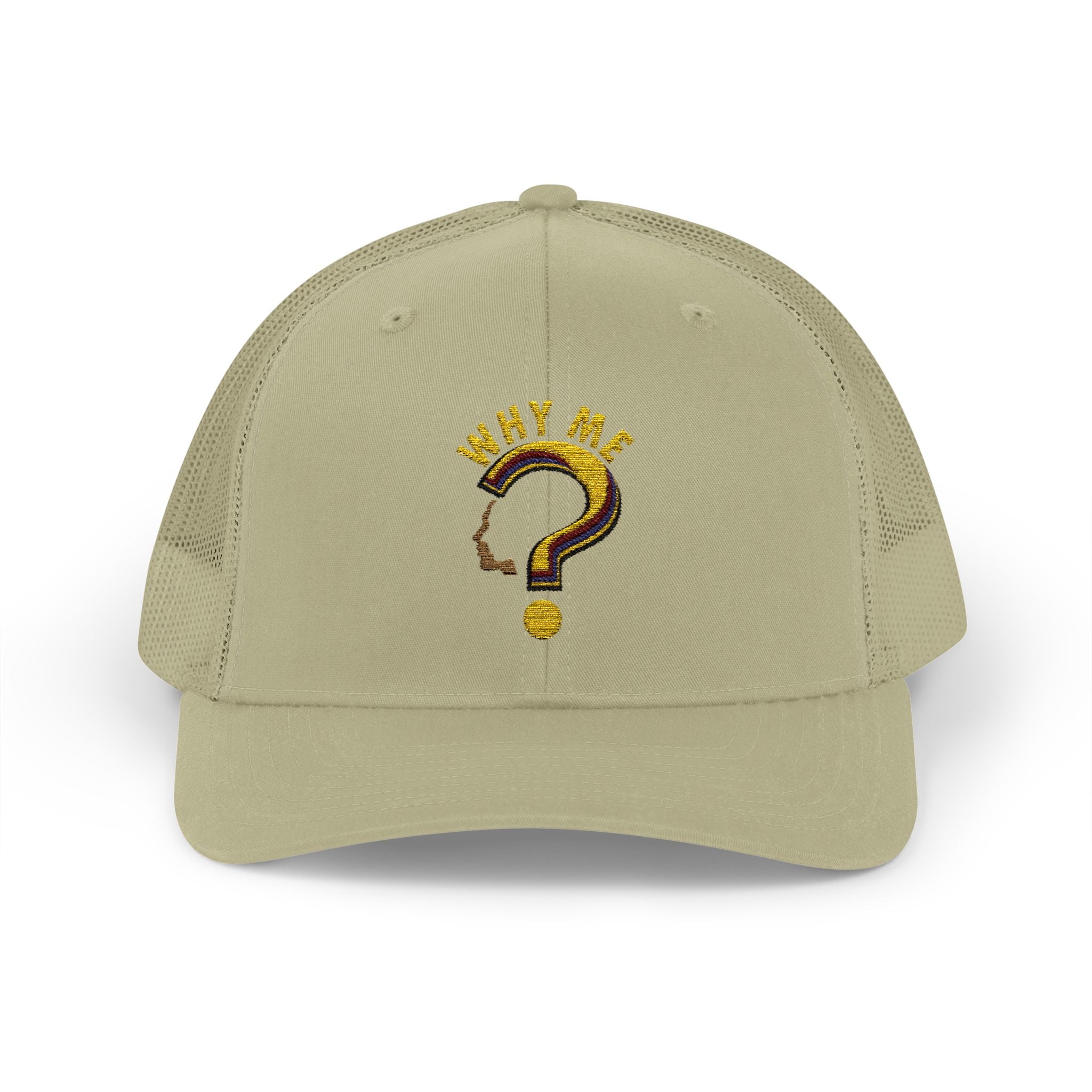 Trucker Cap - Gold Glitter Question Mark "Why Me" Embroidered Snapback