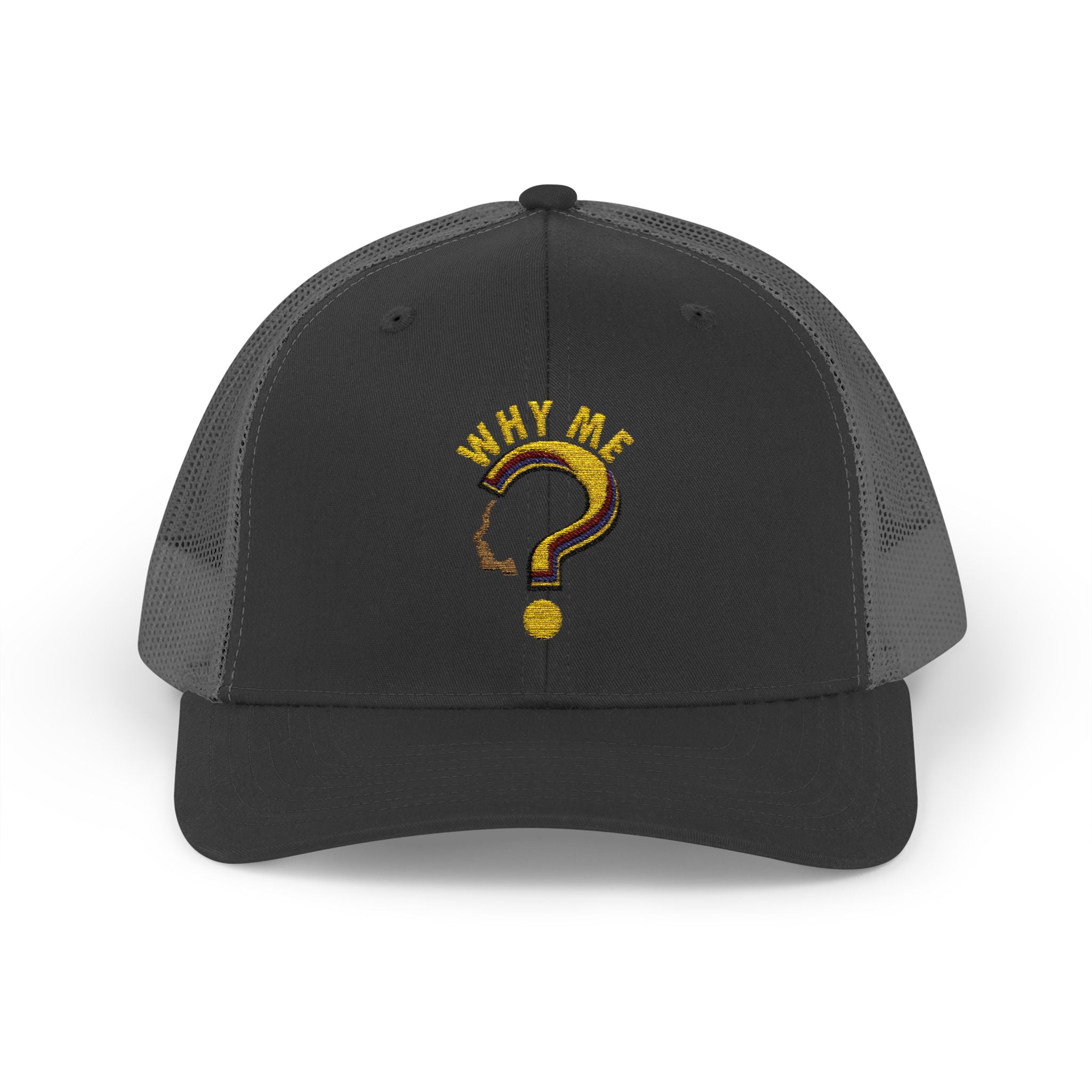 Trucker Cap - Gold Glitter Question Mark "Why Me" Embroidered Snapback