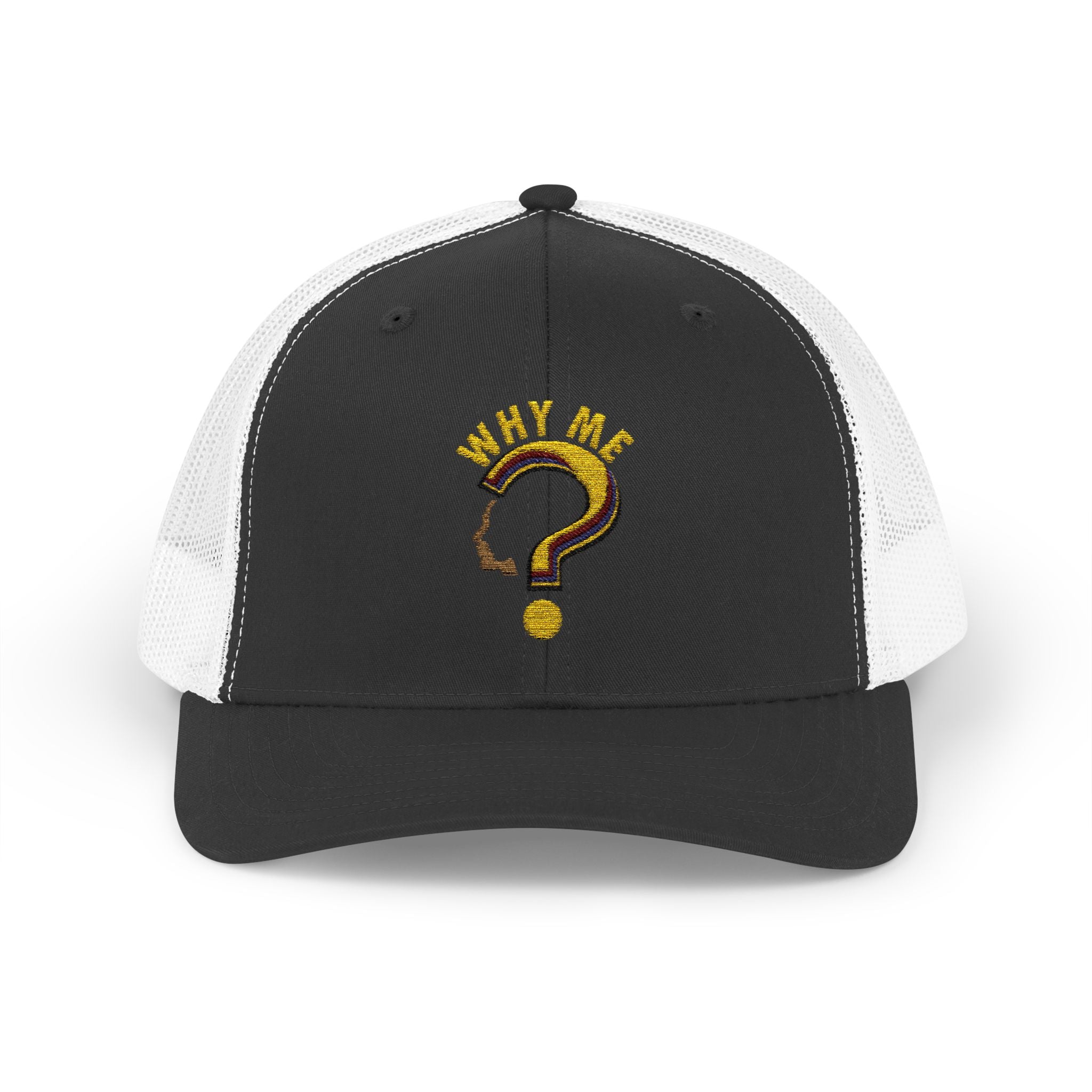 Trucker Cap - Gold Glitter Question Mark "Why Me" Embroidered Snapback
